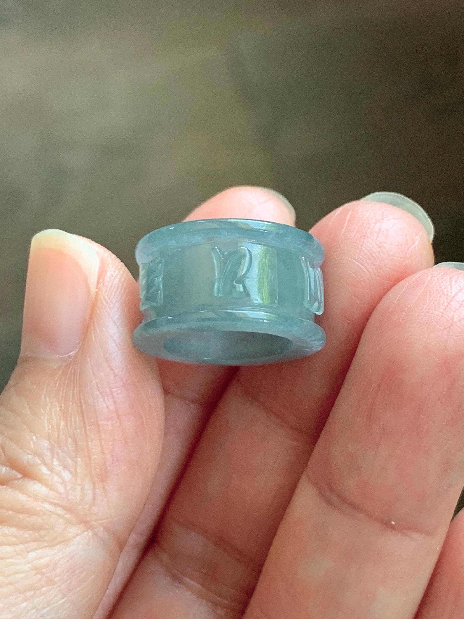 Natural Grade A Guatemalan Icy Translucent Dusty Blue Jade Jadeite Six Word Mantra Band Ring Pendant & Barrel Bead 天然冰危浅蓝翡翠六字戒桶珠 WLZ160A