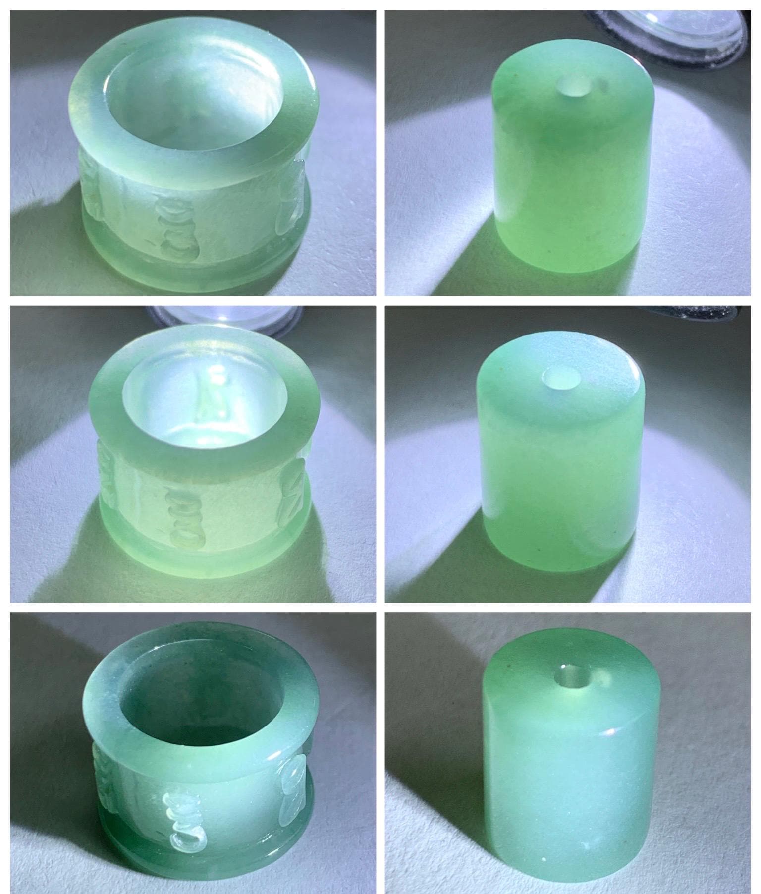 Natural Grade A Guatemalan Icy Translucent Light Teal Jade Jadeite Six Word Mantra Band Ring Pendant & Barrel Bead 天然冰危浅蓝绿翡翠六字戒桶珠 WLZ160B
