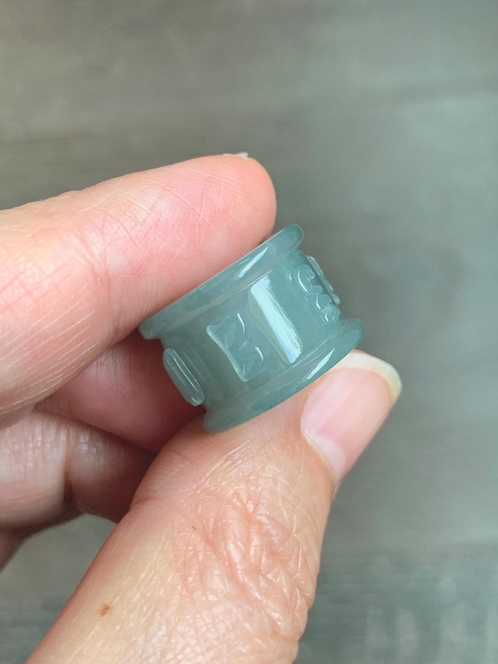 Natural Grade A Guatemalan Icy Translucent Light Teal Jade Jadeite Six Word Mantra Band Ring Pendant & Barrel Bead 天然冰危浅蓝绿翡翠六字戒桶珠 WLZ160B