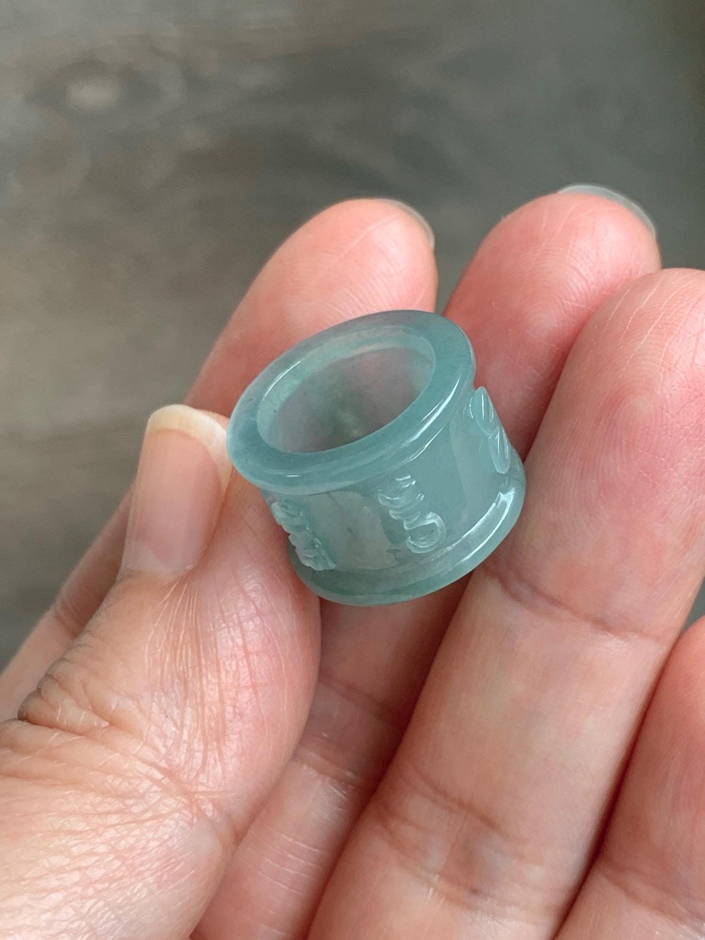Natural Grade A Guatemalan Icy Translucent Light Teal Jade Jadeite Six Word Mantra Band Ring Pendant & Barrel Bead 天然冰危浅蓝绿翡翠六字戒桶珠 WLZ160B