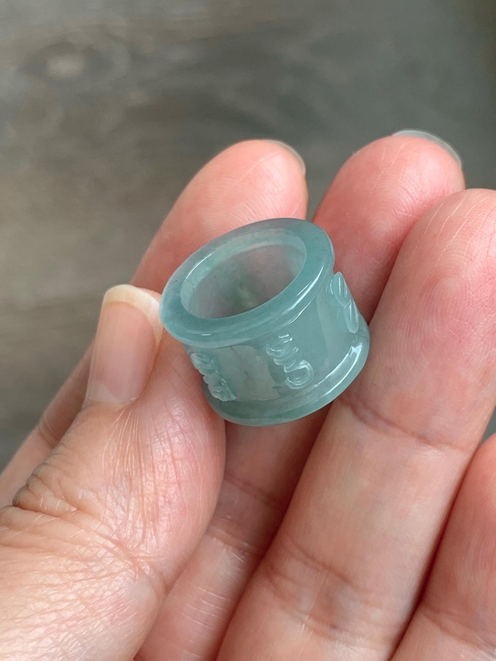 Natural Grade A Guatemalan Icy Translucent Light Teal Jade Jadeite Six Word Mantra Band Ring Pendant & Barrel Bead 天然冰危浅蓝绿翡翠六字戒桶珠 WLZ160B