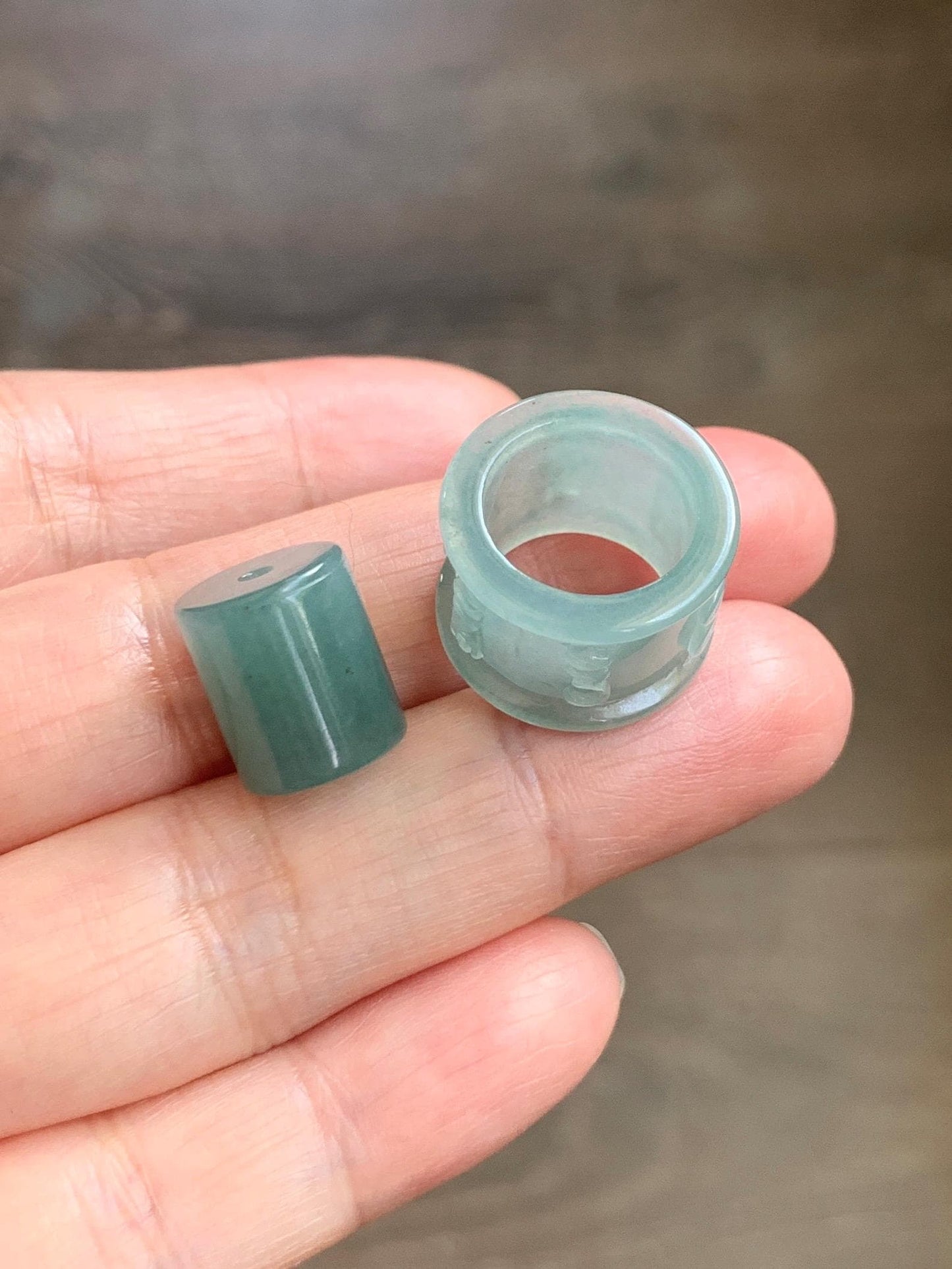 Natural Grade A Guatemalan Icy Translucent Light Teal Jade Jadeite Six Word Mantra Band Ring Pendant & Barrel Bead 天然冰危浅蓝绿翡翠六字戒桶珠 WLZ160B