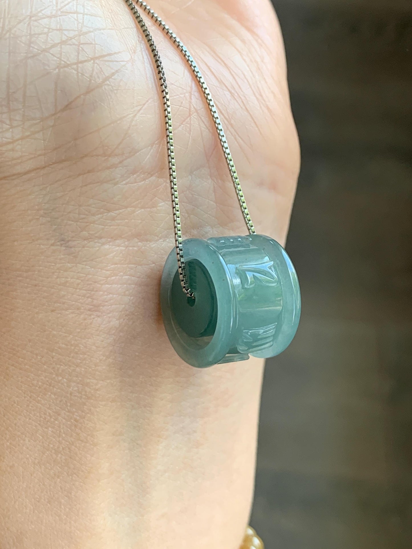 Natural Grade A Guatemalan Icy Translucent Light Teal Jade Jadeite Six Word Mantra Band Ring Pendant & Barrel Bead 天然冰危浅蓝绿翡翠六字戒桶珠 WLZ160B