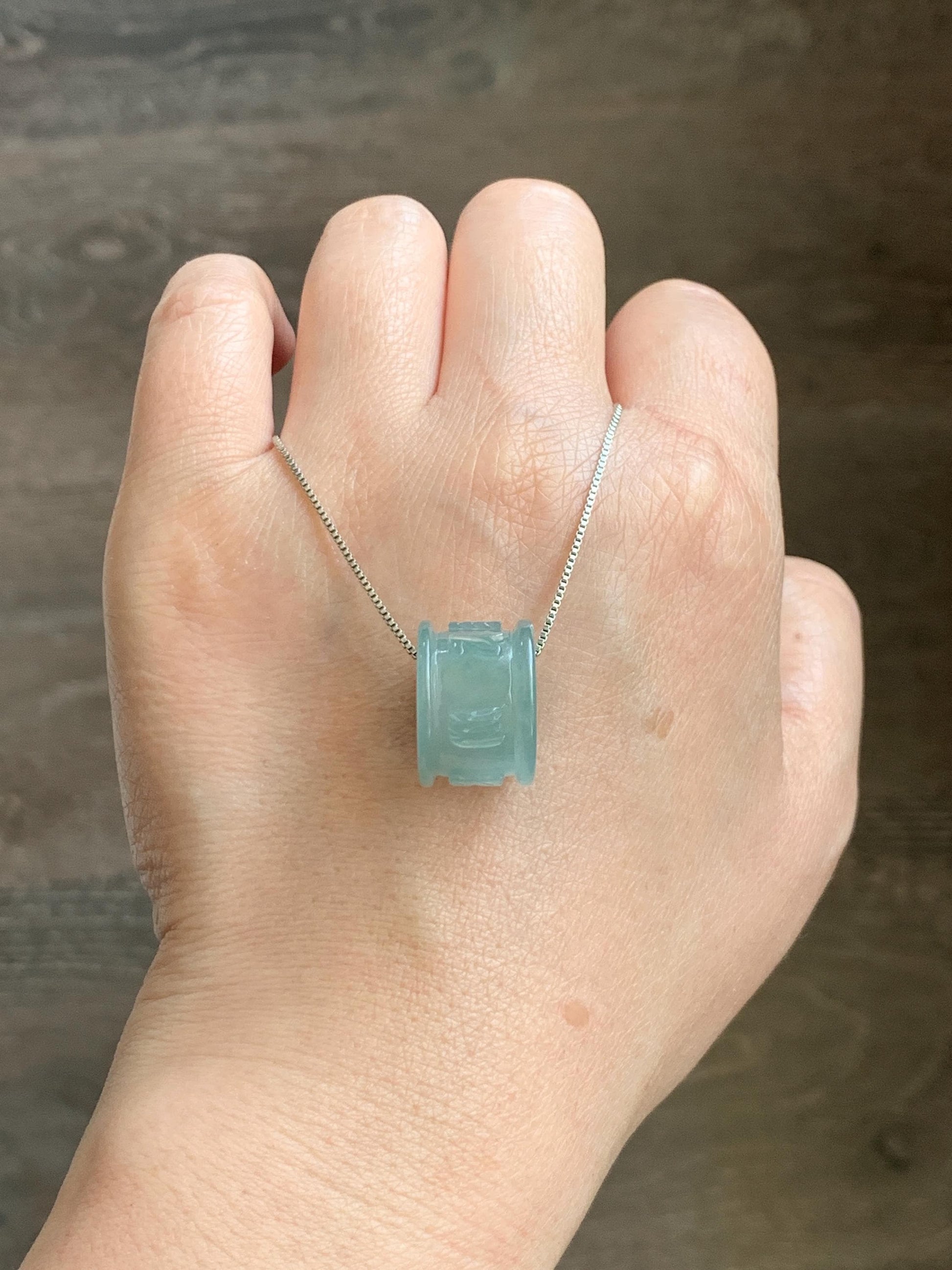 Natural Grade A Guatemalan Icy Translucent Light Teal Jade Jadeite Six Word Mantra Band Ring Pendant & Barrel Bead 天然冰危浅蓝绿翡翠六字戒桶珠 WLZ160B