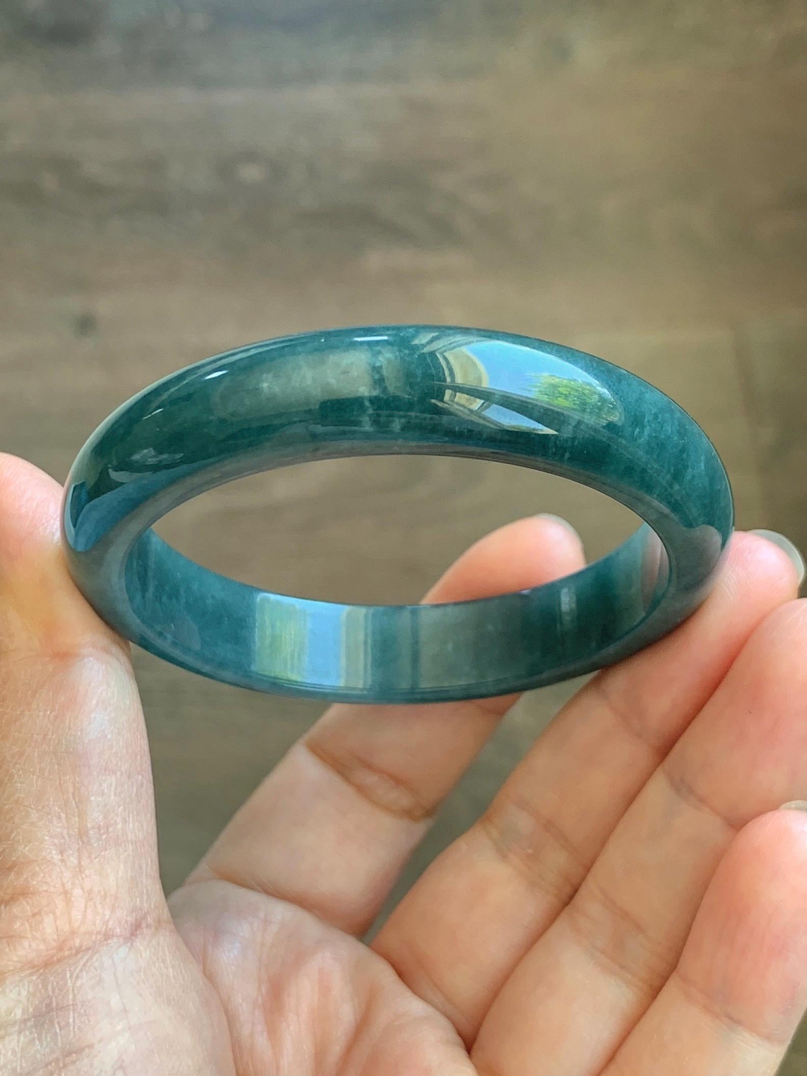 Certified Natural Grade A Guatemalan Icy Translucent Dark Teal Blue Jade Jadeite Wide Bangle 53.39mm 6.6” 42g 天然冰危深蓝绿翡翠正圈宽版手镯 1230