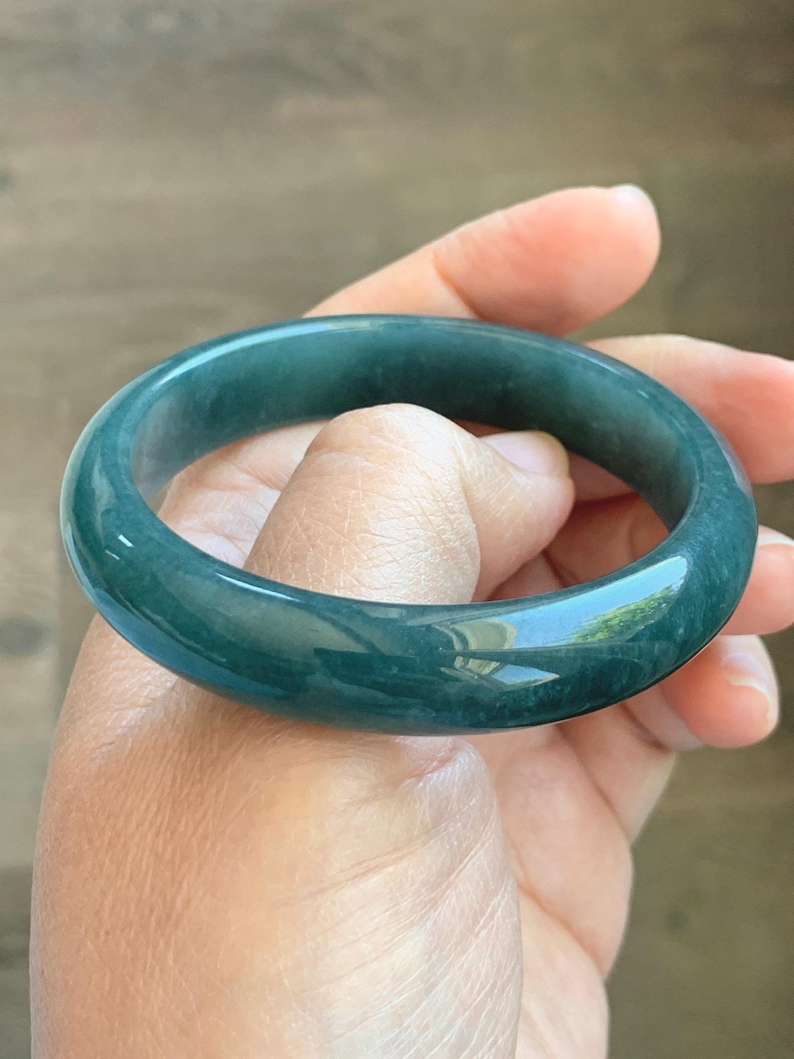 Certified Natural Grade A Guatemalan Icy Translucent Dark Teal Blue Jade Jadeite Wide Bangle 53.39mm 6.6” 42g 天然冰危深蓝绿翡翠正圈宽版手镯 1230
