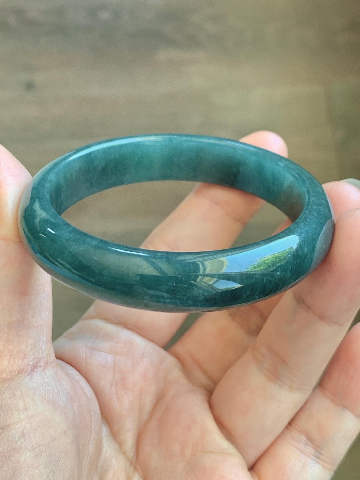 Certified Natural Grade A Guatemalan Icy Translucent Dark Teal Blue Jade Jadeite Wide Bangle 53.39mm 6.6” 42g 天然冰危深蓝绿翡翠正圈宽版手镯 1230