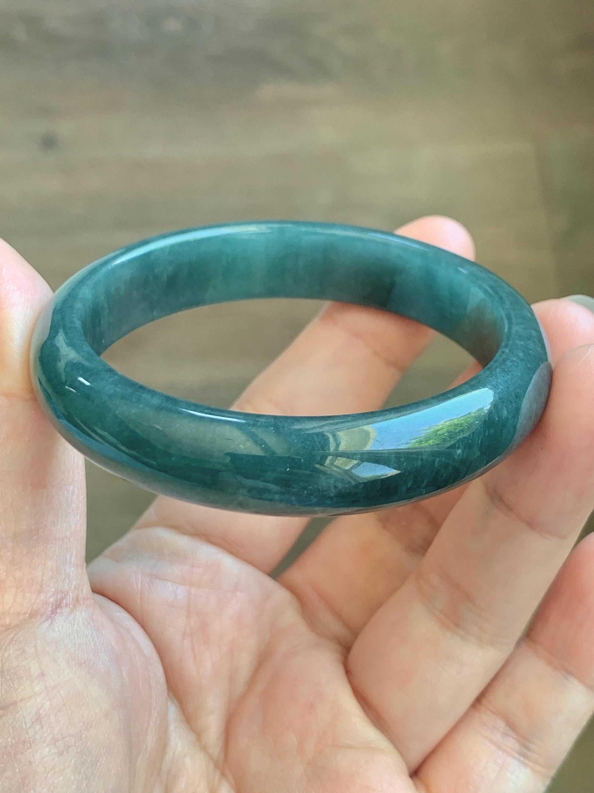 Certified Natural Grade A Guatemalan Icy Translucent Dark Teal Blue Jade Jadeite Wide Bangle 53.39mm 6.6” 42g 天然冰危深蓝绿翡翠正圈宽版手镯 1230