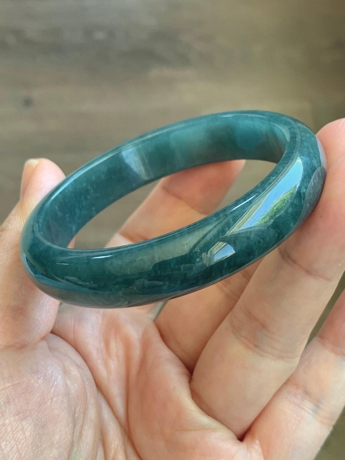 Certified Natural Grade A Guatemalan Icy Translucent Dark Teal Blue Jade Jadeite Wide Bangle 53.39mm 6.6” 42g 天然冰危深蓝绿翡翠正圈宽版手镯 1230