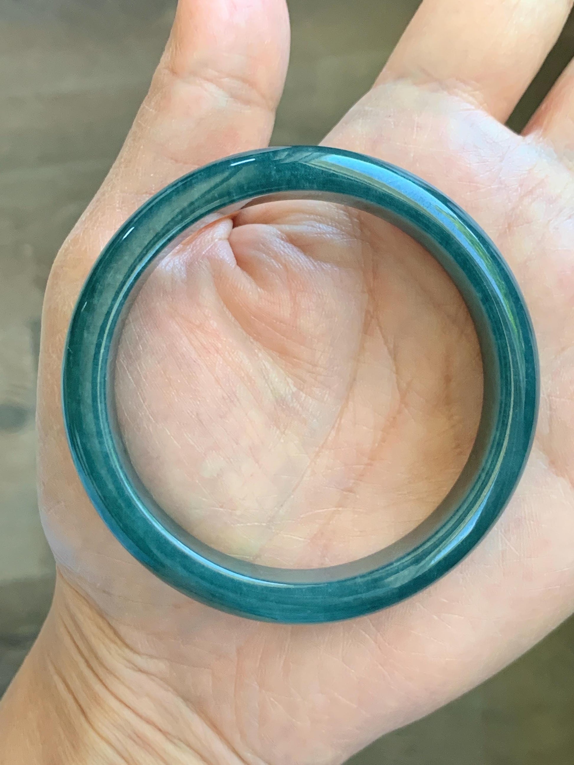 Certified Natural Grade A Guatemalan Icy Translucent Dark Teal Blue Jade Jadeite Wide Bangle 53.39mm 6.6” 42g 天然冰危深蓝绿翡翠正圈宽版手镯 1230