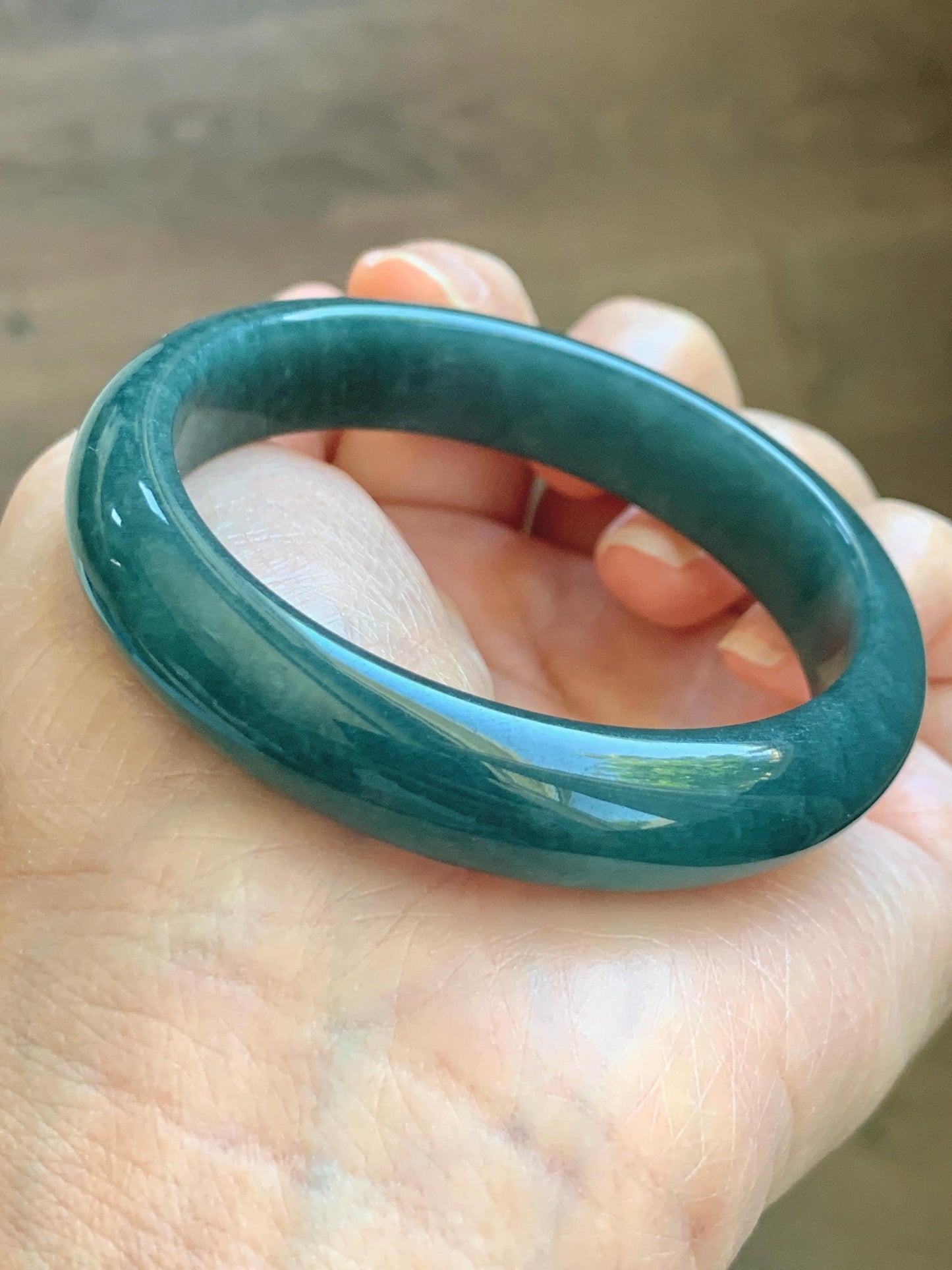 Certified Natural Grade A Guatemalan Icy Translucent Dark Teal Blue Jade Jadeite Wide Bangle 53.39mm 6.6” 42g 天然冰危深蓝绿翡翠正圈宽版手镯 1230