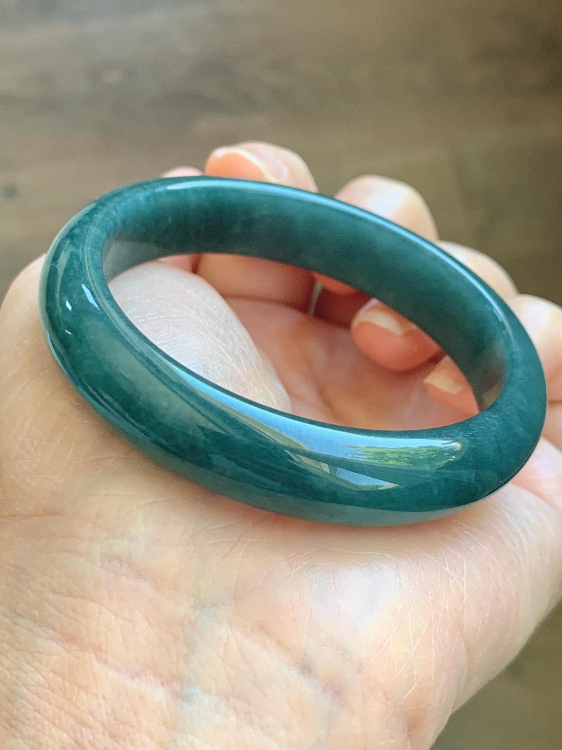 Certified Natural Grade A Guatemalan Icy Translucent Dark Teal Blue Jade Jadeite Wide Bangle 53.39mm 6.6” 42g 天然冰危深蓝绿翡翠正圈宽版手镯 1230