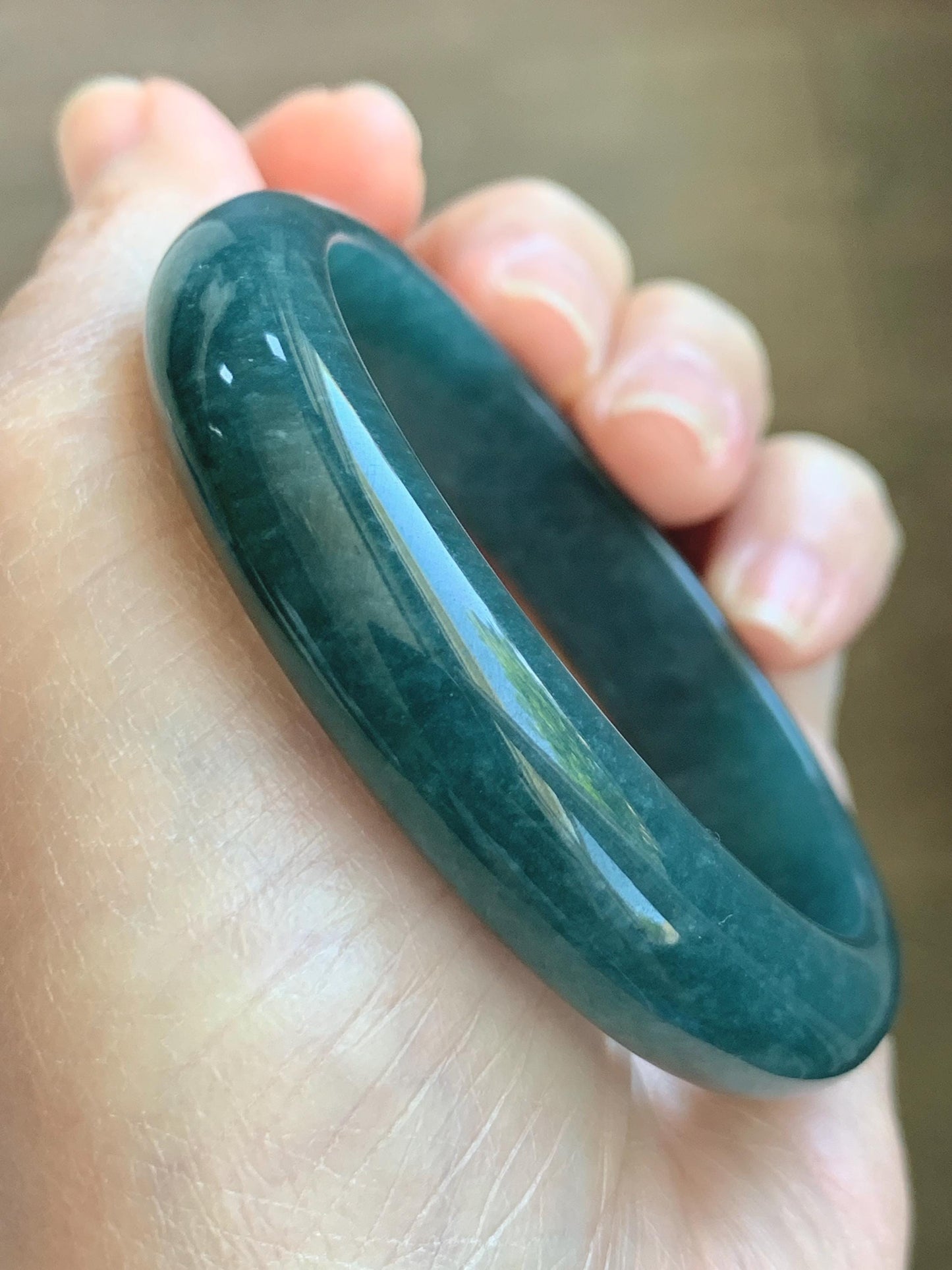 Certified Natural Grade A Guatemalan Icy Translucent Dark Teal Blue Jade Jadeite Wide Bangle 53.39mm 6.6” 42g 天然冰危深蓝绿翡翠正圈宽版手镯 1230