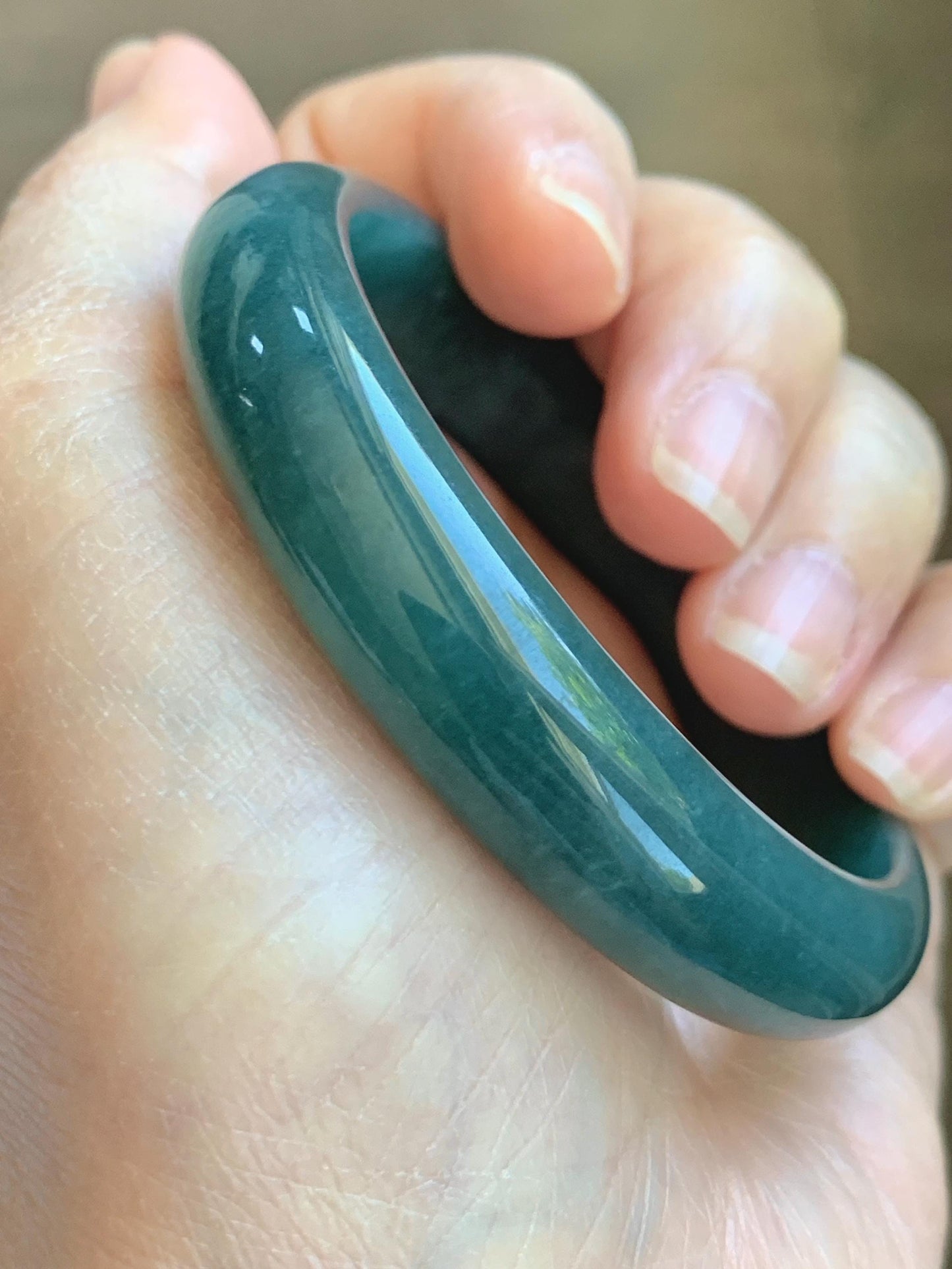 Certified Natural Grade A Guatemalan Icy Translucent Dark Teal Blue Jade Jadeite Wide Bangle 53.39mm 6.6” 42g 天然冰危深蓝绿翡翠正圈宽版手镯 1230