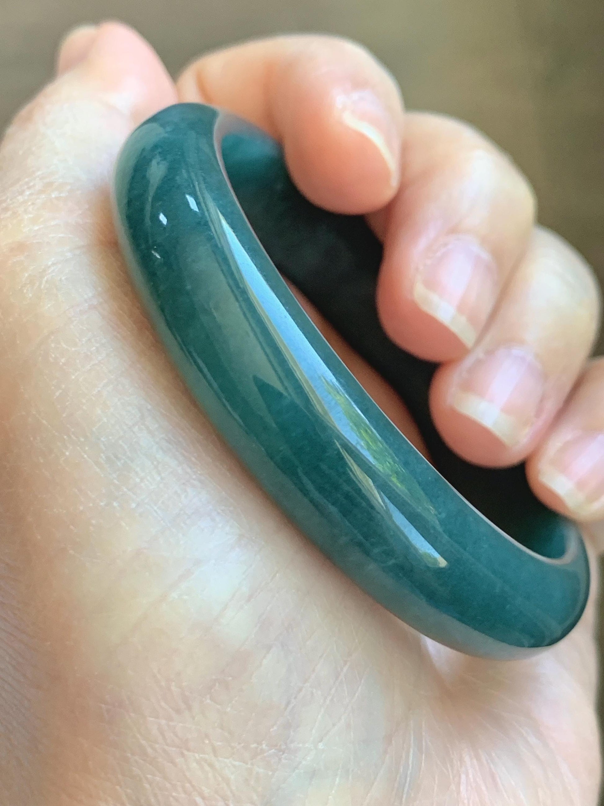 Certified Natural Grade A Guatemalan Icy Translucent Dark Teal Blue Jade Jadeite Wide Bangle 53.39mm 6.6” 42g 天然冰危深蓝绿翡翠正圈宽版手镯 1230