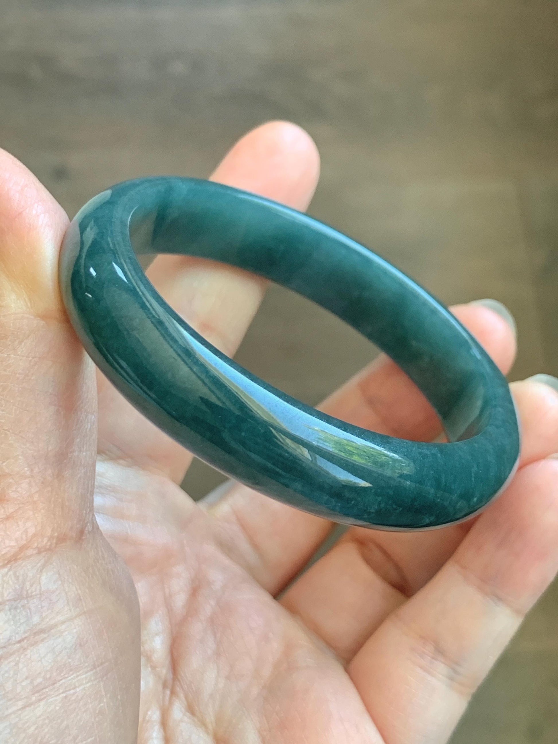 Certified Natural Grade A Guatemalan Icy Translucent Dark Teal Blue Jade Jadeite Wide Bangle 53.39mm 6.6” 42g 天然冰危深蓝绿翡翠正圈宽版手镯 1230