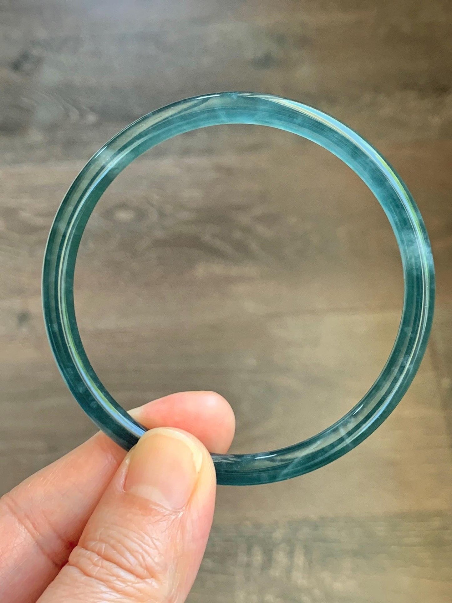 Certified Natural Grade A Guatemalan Icy Translucent Dark Teal Green Jade Jadeite Slim Bangle 60.14mm 7.43” 17.5g 天然冰胶危深蓝绿翡翠细圆条手镯 1191