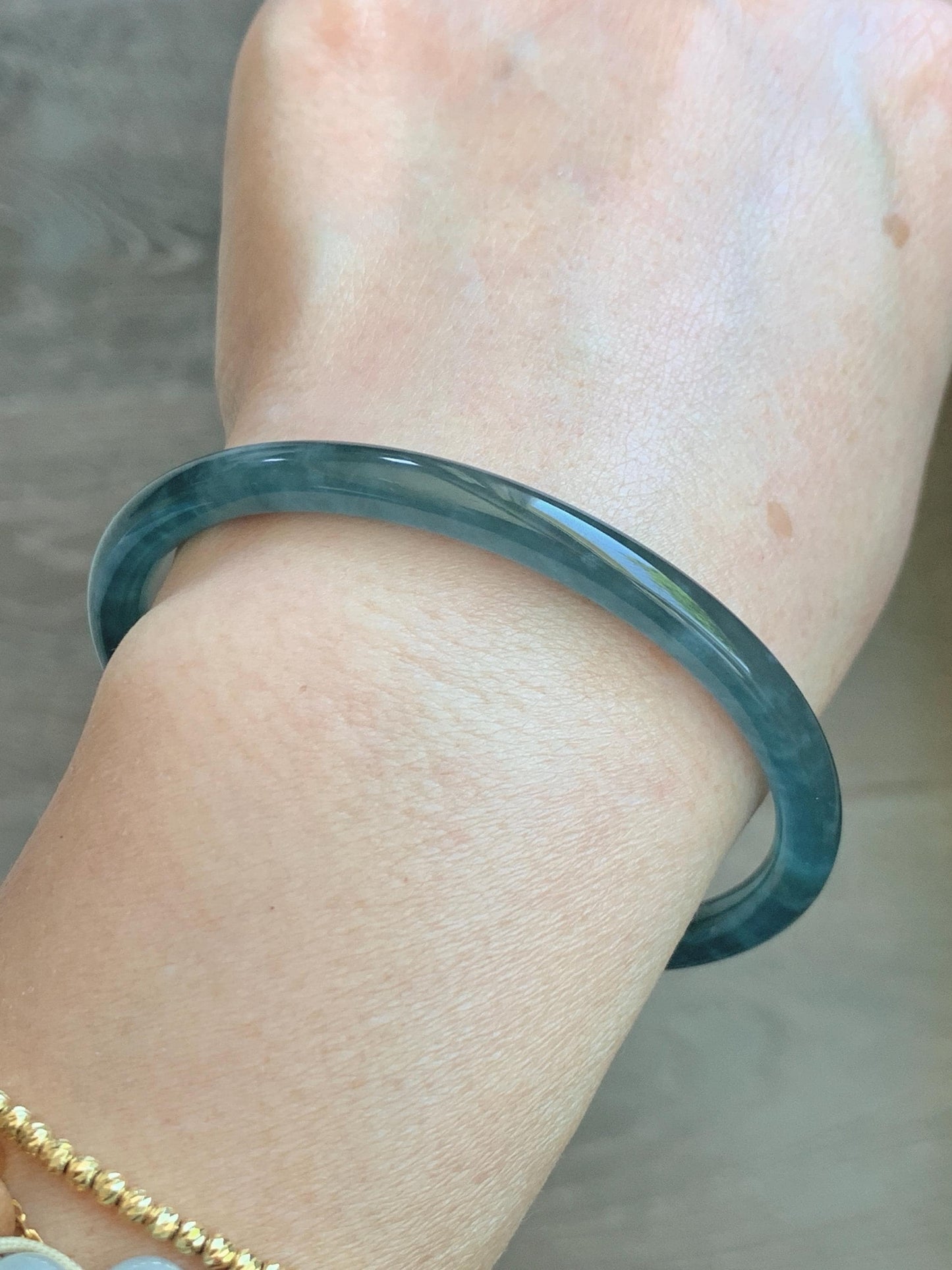 Certified Natural Grade A Guatemalan Icy Translucent Dark Teal Green Jade Jadeite Slim Bangle 60.14mm 7.43” 17.5g 天然冰胶危深蓝绿翡翠细圆条手镯 1191