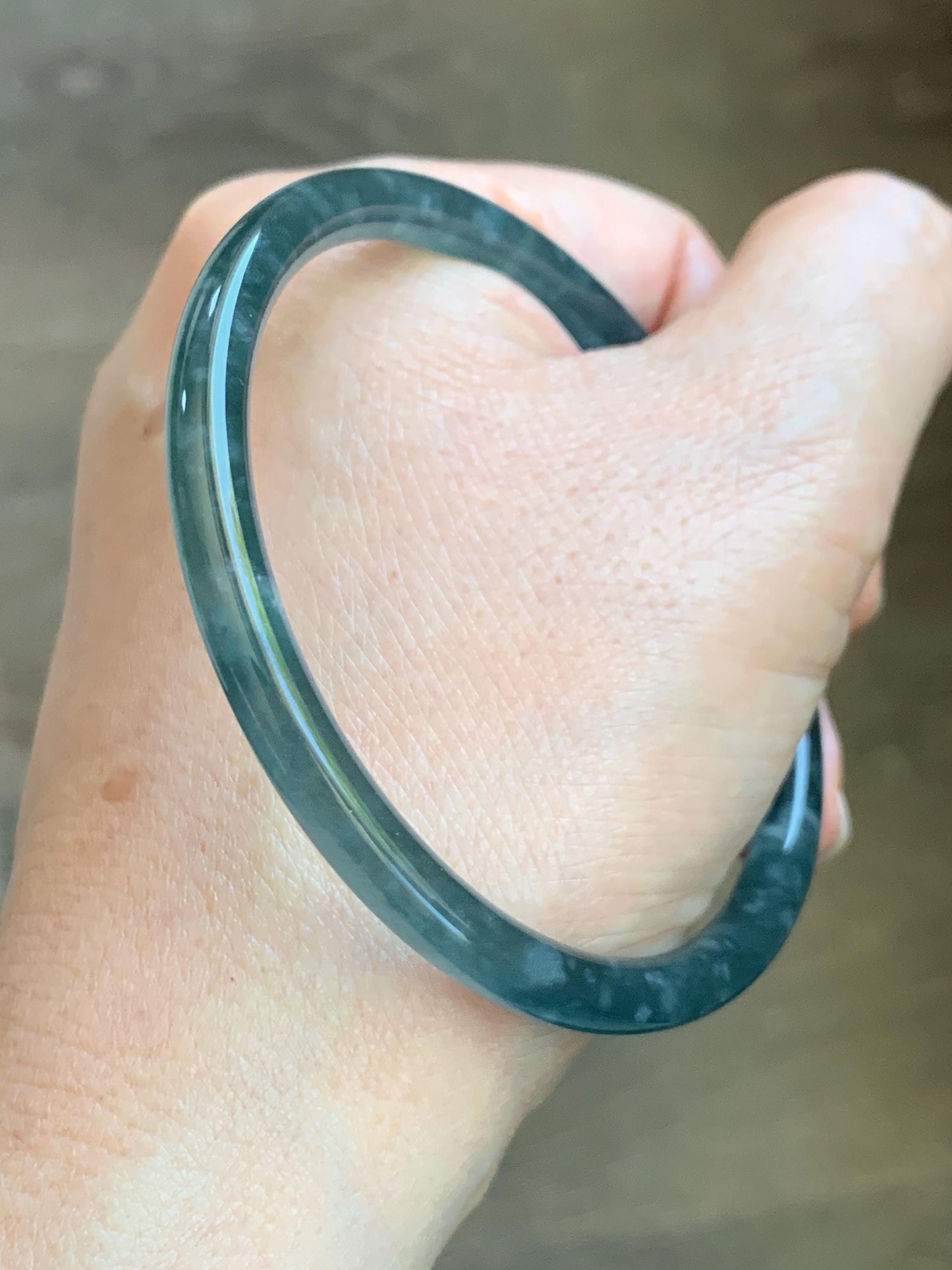 Certified Natural Grade A Guatemalan Icy Translucent Dark Teal Green Jade Jadeite Slim Bangle 60.14mm 7.43” 17.5g 天然冰胶危深蓝绿翡翠细圆条手镯 1191