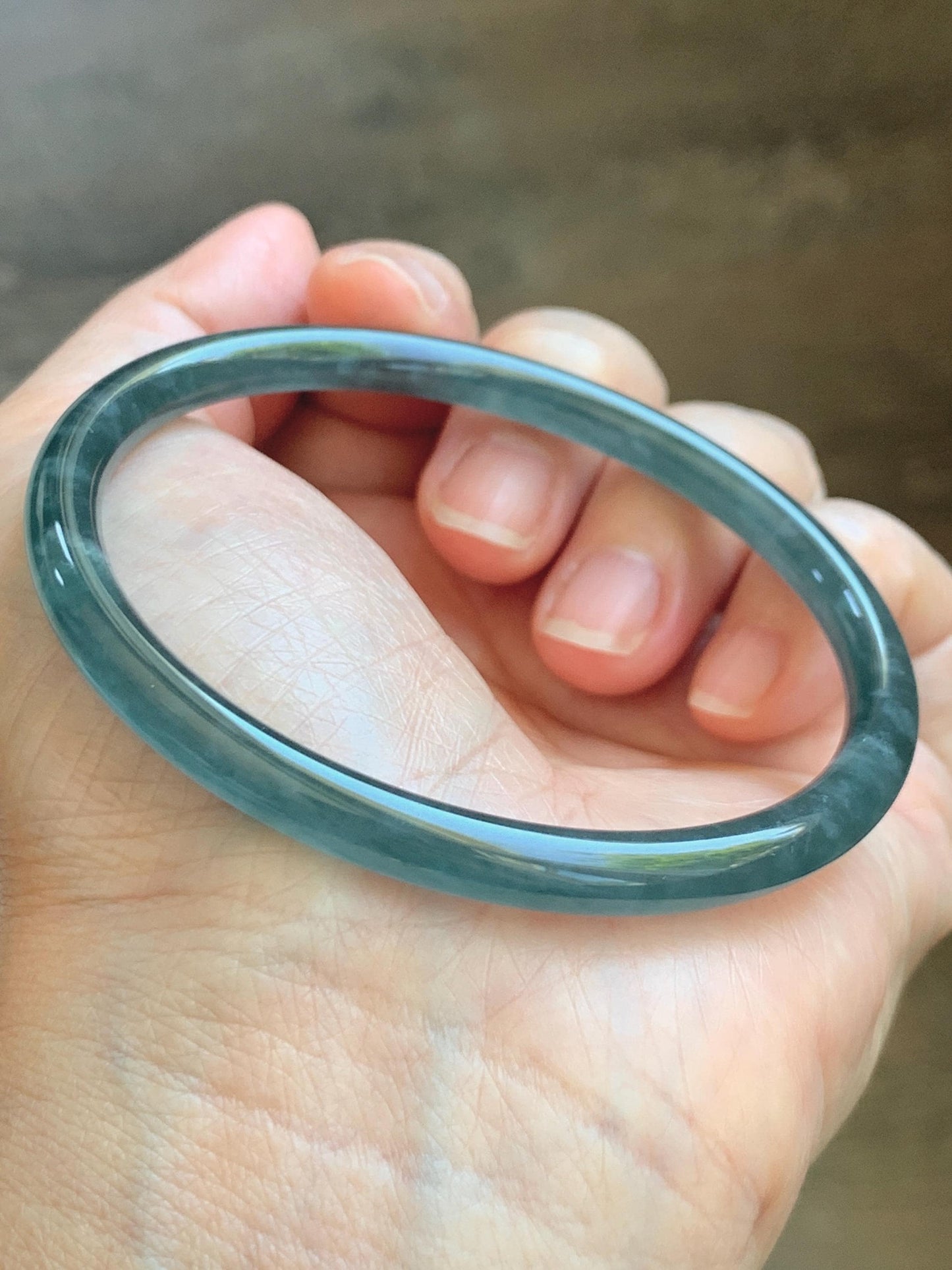 Certified Natural Grade A Guatemalan Icy Translucent Dark Teal Green Jade Jadeite Slim Bangle 60.14mm 7.43” 17.5g 天然冰胶危深蓝绿翡翠细圆条手镯 1191