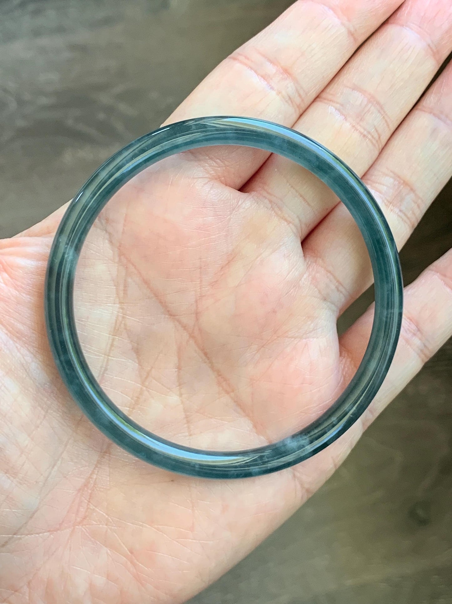 Certified Natural Grade A Guatemalan Icy Translucent Dark Teal Green Jade Jadeite Slim Bangle 60.14mm 7.43” 17.5g 天然冰胶危深蓝绿翡翠细圆条手镯 1191