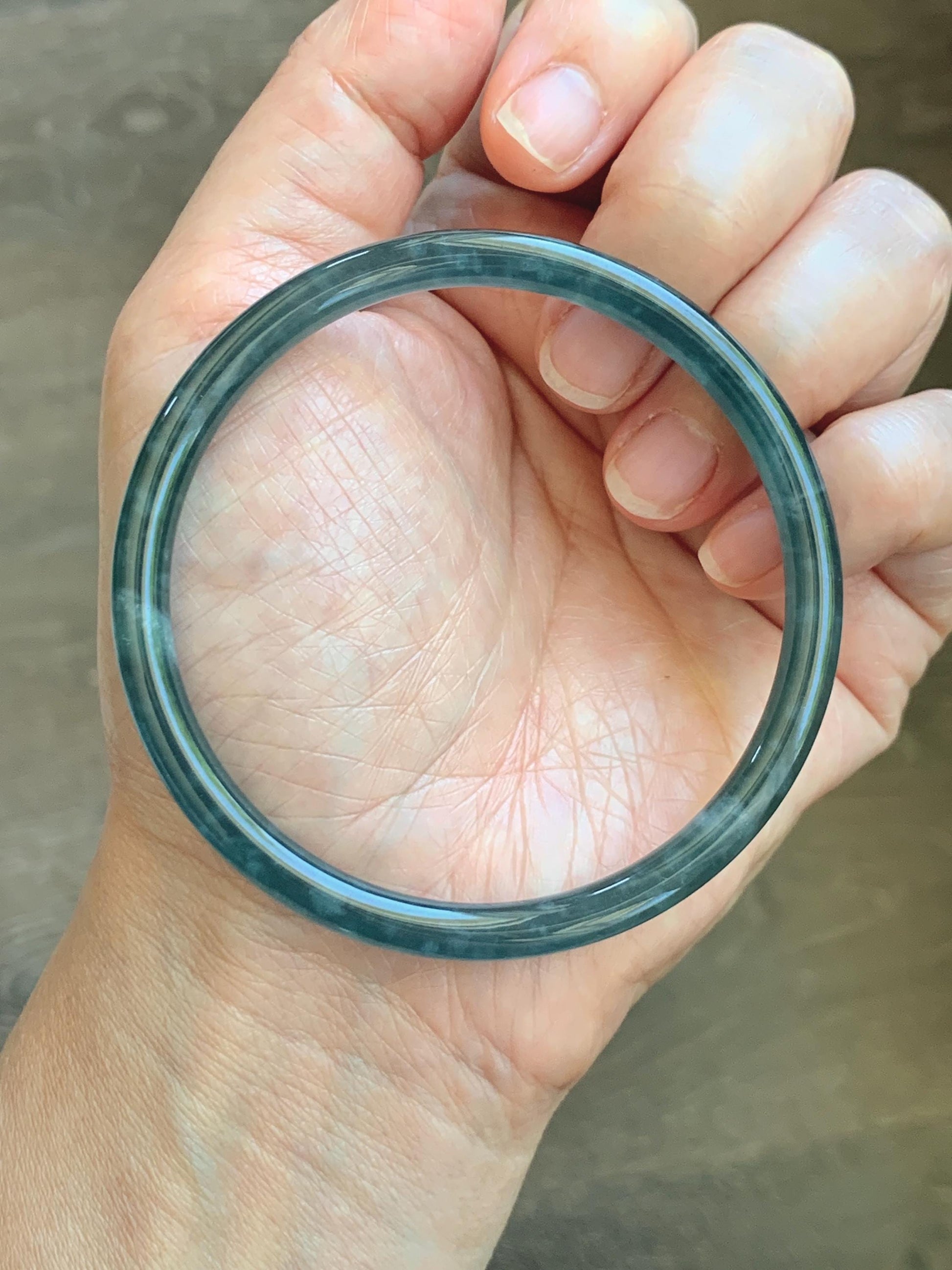 Certified Natural Grade A Guatemalan Icy Translucent Dark Teal Green Jade Jadeite Slim Bangle 60.14mm 7.43” 17.5g 天然冰胶危深蓝绿翡翠细圆条手镯 1191