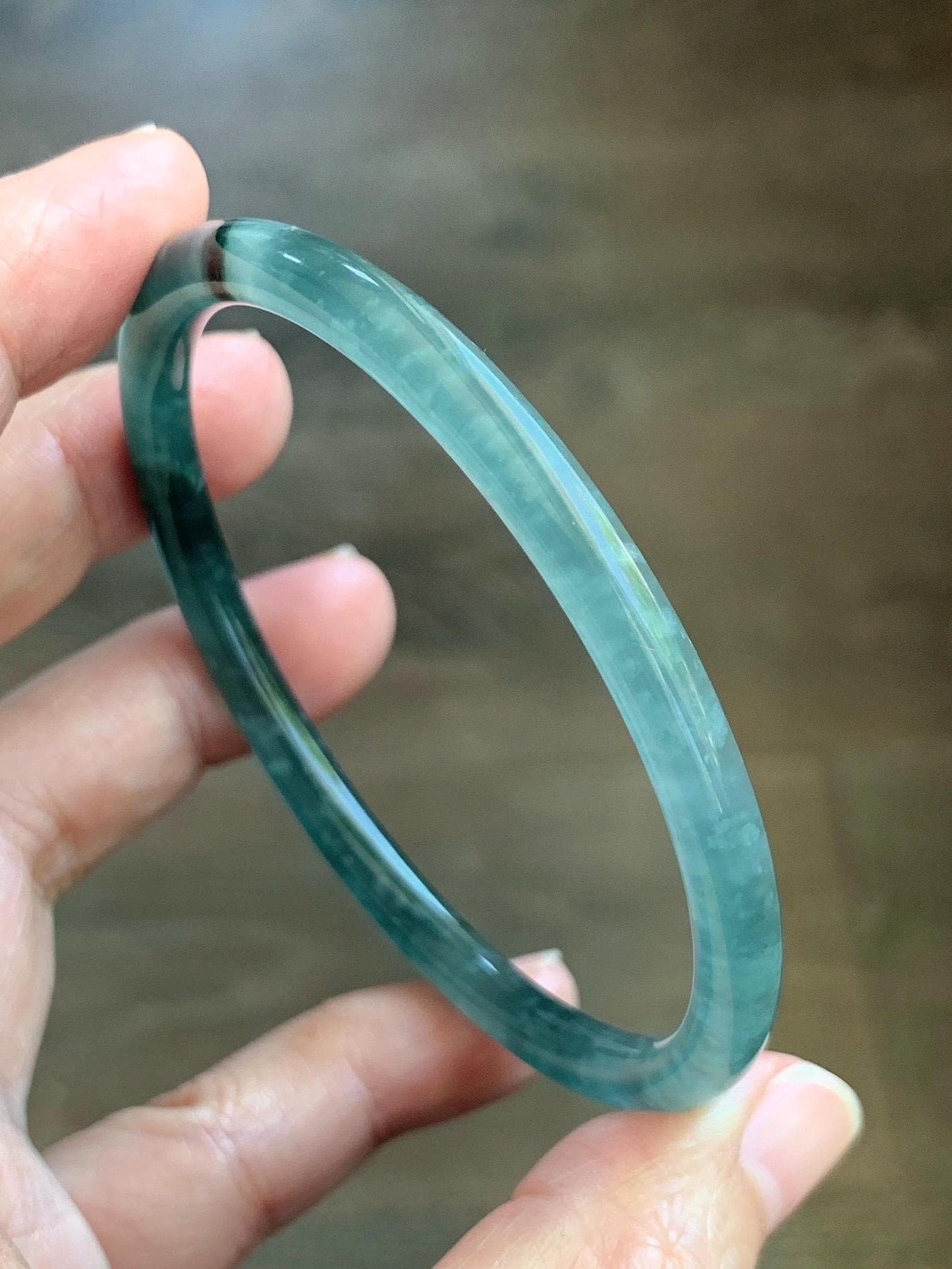 Certified Natural Grade A Guatemalan Icy Translucent Dark Teal Green Jade Jadeite Slim Bangle 61.25mm 7.57” 17.9g 天然冰胶危深蓝绿翡翠细圆条手镯 1188 AS IS