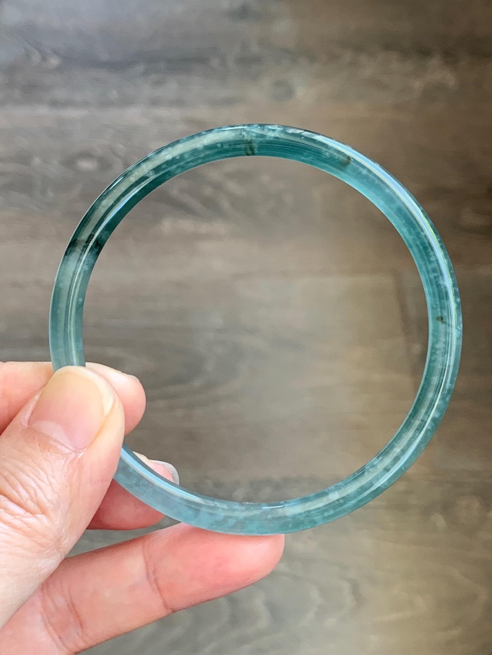 Certified Natural Grade A Guatemalan Icy Translucent Dark Teal Green Jade Jadeite Slim Bangle 61.25mm 7.57” 17.9g 天然冰胶危深蓝绿翡翠细圆条手镯 1188 AS IS