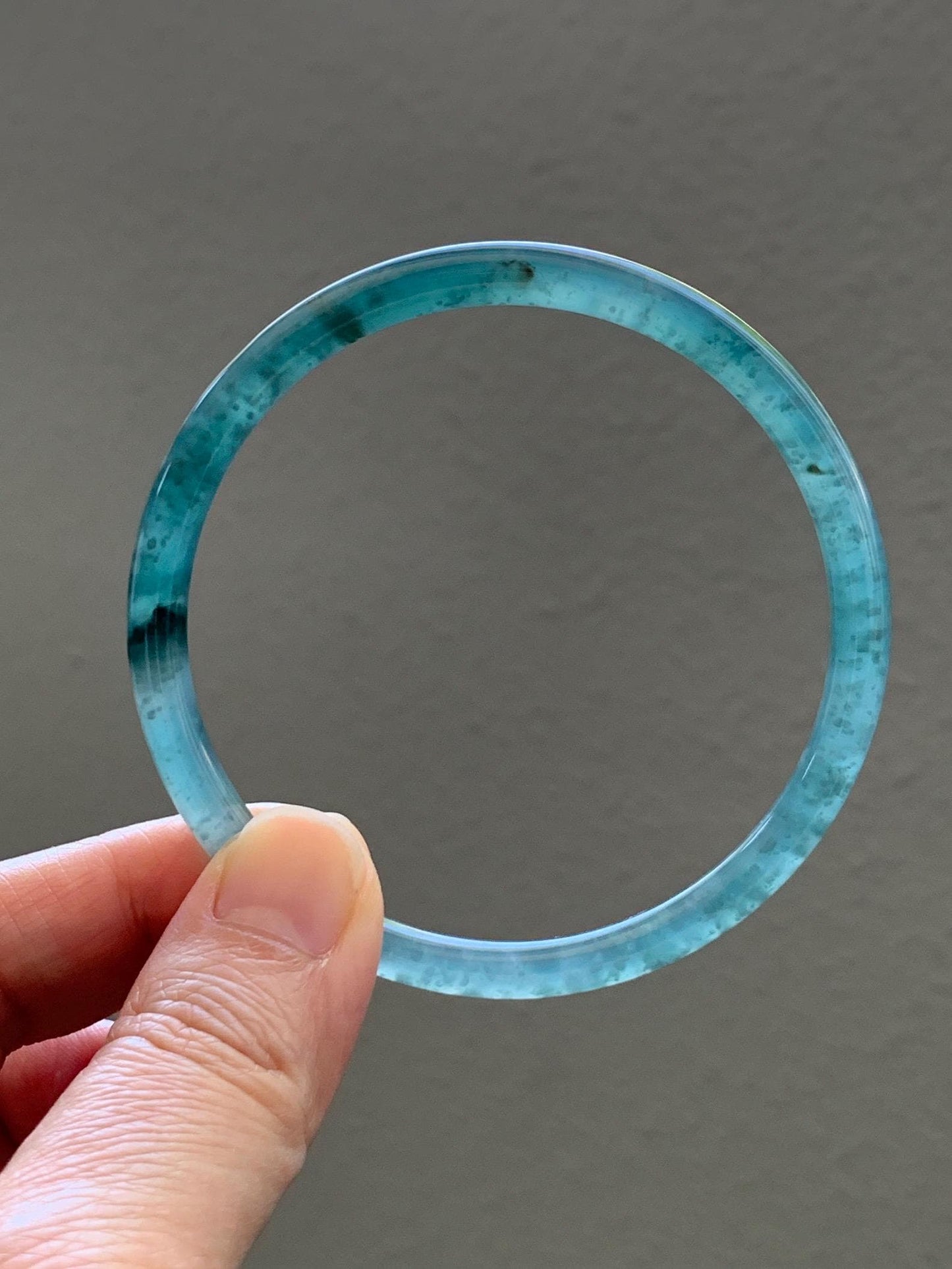 Certified Natural Grade A Guatemalan Icy Translucent Dark Teal Green Jade Jadeite Slim Bangle 61.25mm 7.57” 17.9g 天然冰胶危深蓝绿翡翠细圆条手镯 1188 AS IS