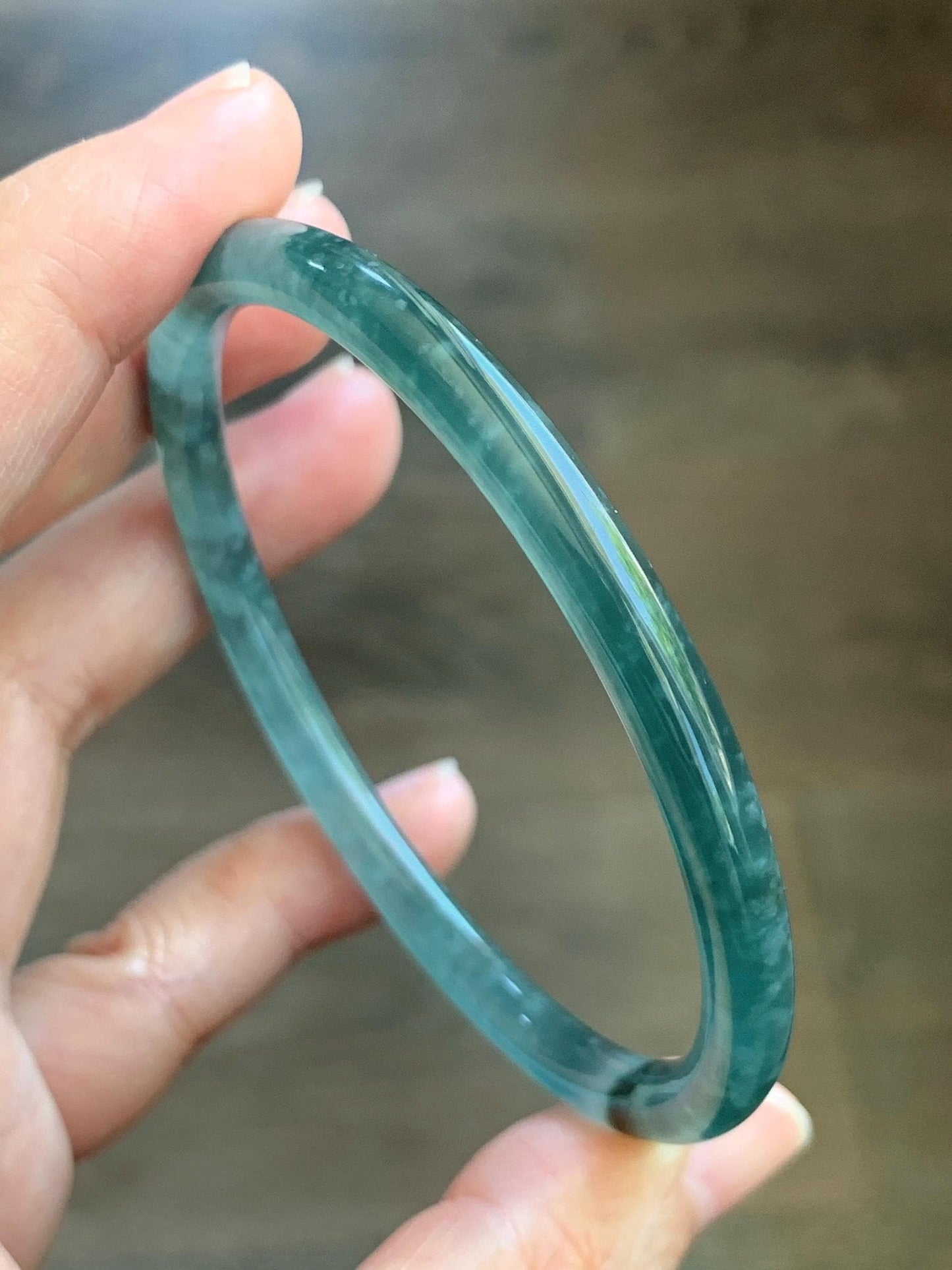 Certified Natural Grade A Guatemalan Icy Translucent Dark Teal Green Jade Jadeite Slim Bangle 61.25mm 7.57” 17.9g 天然冰胶危深蓝绿翡翠细圆条手镯 1188 AS IS