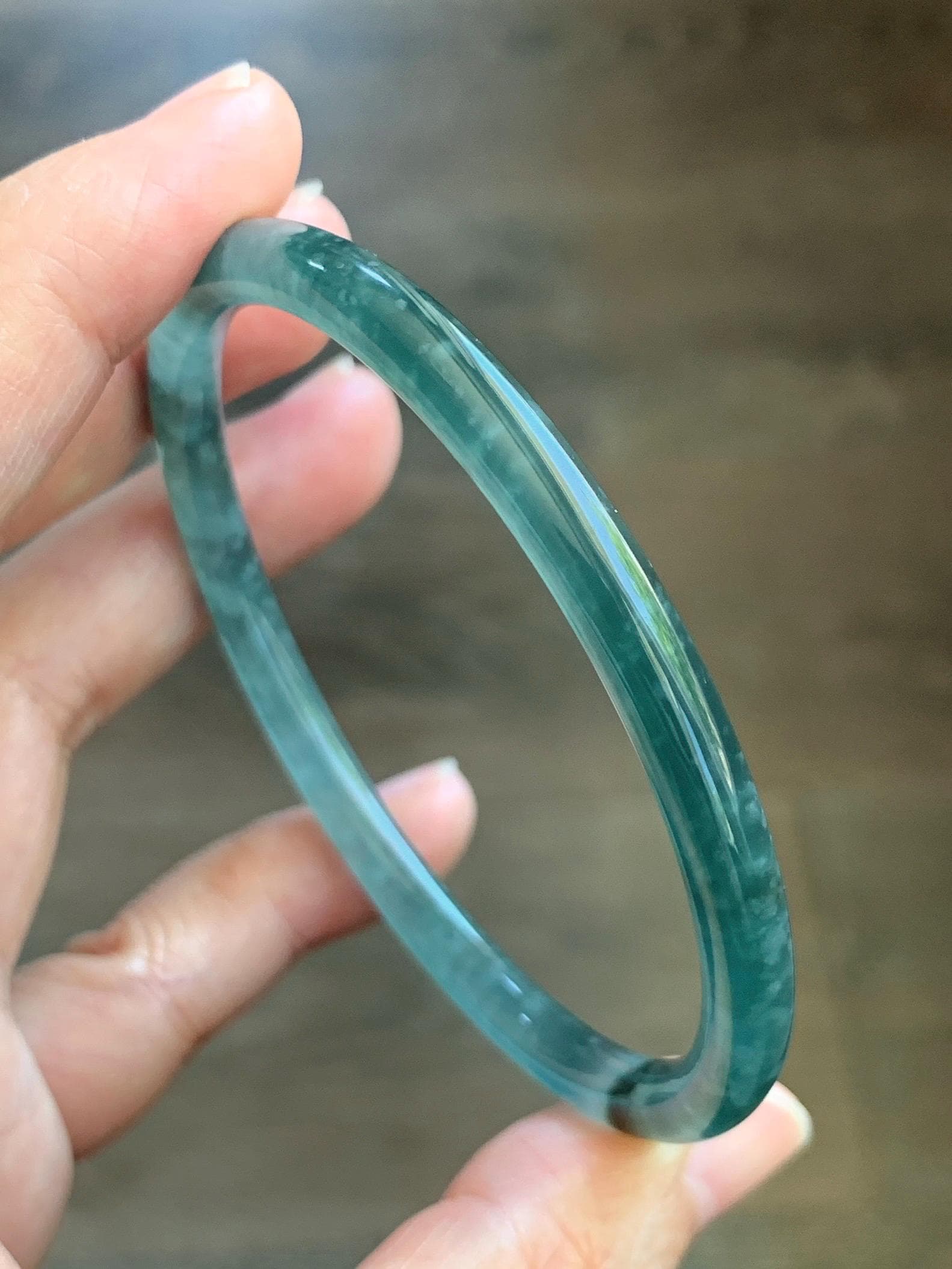 Certified Natural Grade A Guatemalan Icy Translucent Dark Teal Green Jade Jadeite Slim Bangle 61.25mm 7.57” 17.9g 天然冰胶危深蓝绿翡翠细圆条手镯 1188 AS IS