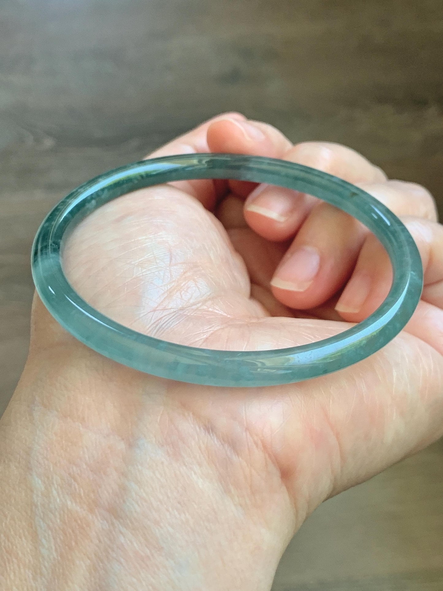 Certified Natural Grade A Guatemalan Icy Translucent Dark Teal Green Jade Jadeite Slim Bangle 61.25mm 7.57” 17.9g 天然冰胶危深蓝绿翡翠细圆条手镯 1188 AS IS