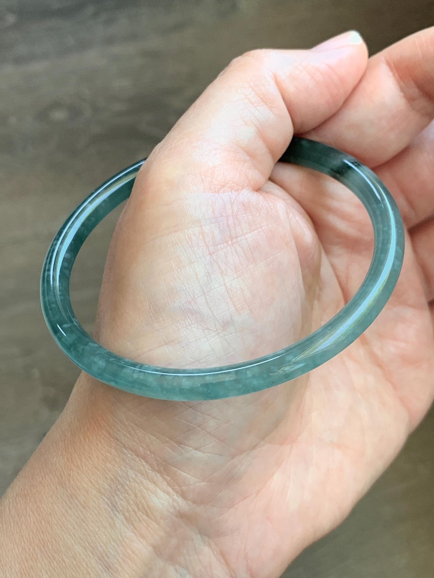 Certified Natural Grade A Guatemalan Icy Translucent Dark Teal Green Jade Jadeite Slim Bangle 61.25mm 7.57” 17.9g 天然冰胶危深蓝绿翡翠细圆条手镯 1188 AS IS