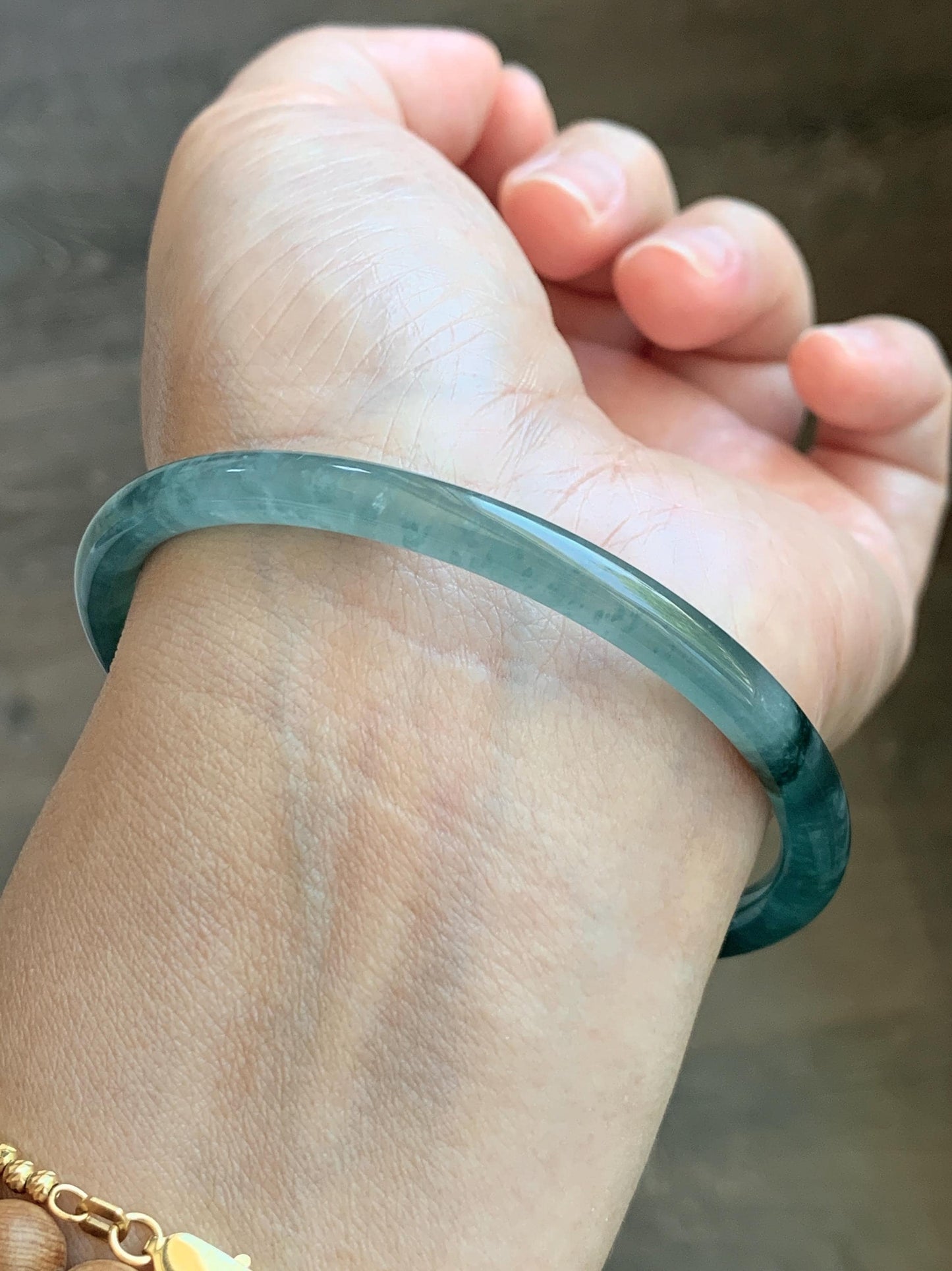 Certified Natural Grade A Guatemalan Icy Translucent Dark Teal Green Jade Jadeite Slim Bangle 61.25mm 7.57” 17.9g 天然冰胶危深蓝绿翡翠细圆条手镯 1188 AS IS