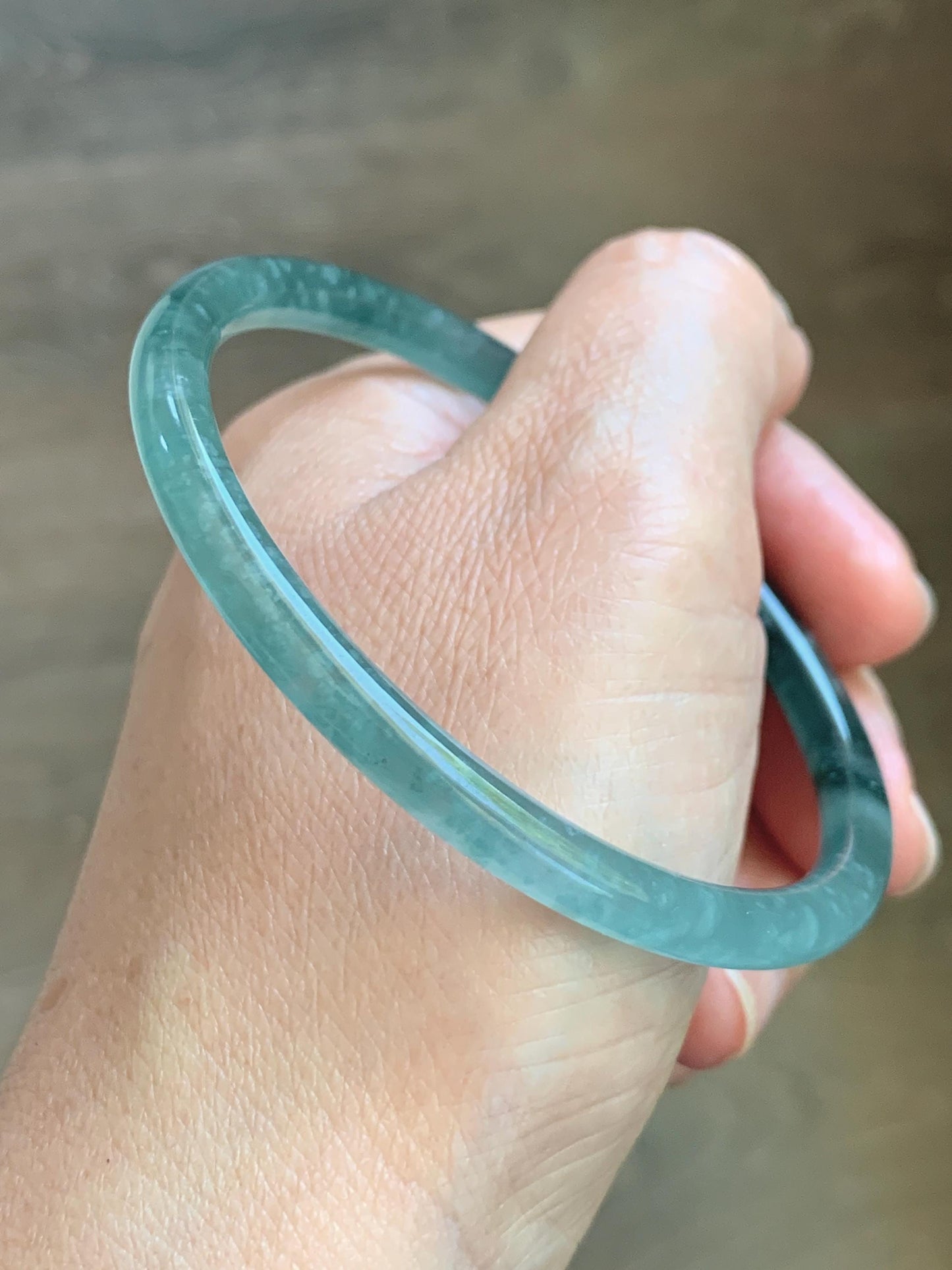 Certified Natural Grade A Guatemalan Icy Translucent Dark Teal Green Jade Jadeite Slim Bangle 61.25mm 7.57” 17.9g 天然冰胶危深蓝绿翡翠细圆条手镯 1188 AS IS