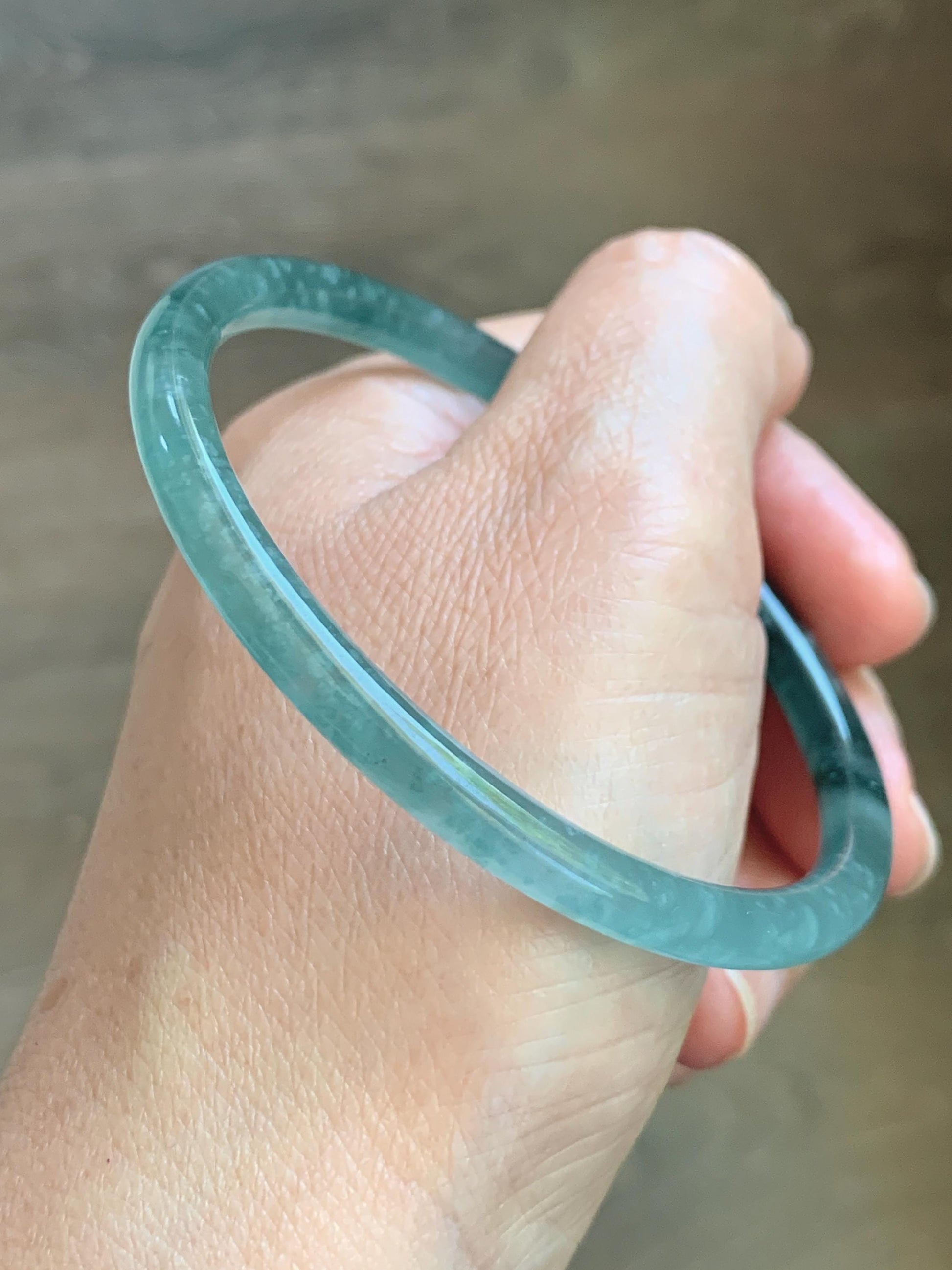 Certified Natural Grade A Guatemalan Icy Translucent Dark Teal Green Jade Jadeite Slim Bangle 61.25mm 7.57” 17.9g 天然冰胶危深蓝绿翡翠细圆条手镯 1188 AS IS