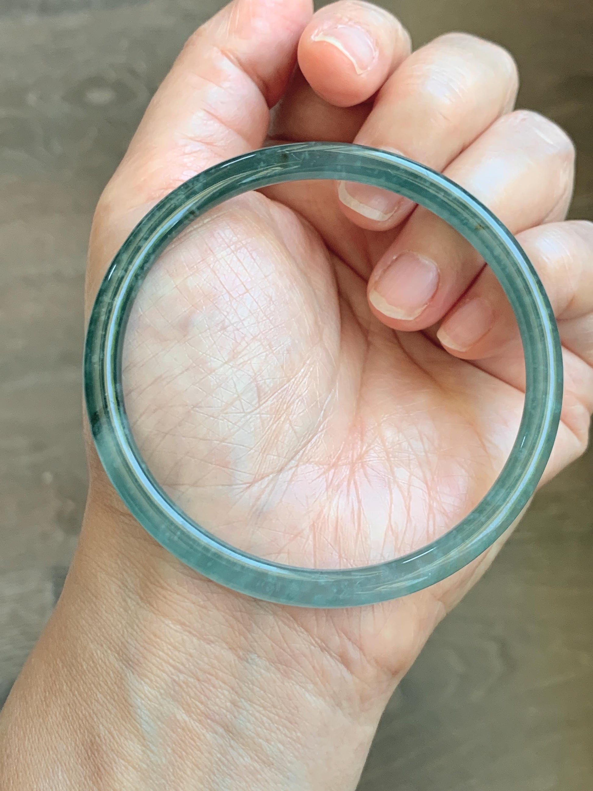 Certified Natural Grade A Guatemalan Icy Translucent Dark Teal Green Jade Jadeite Slim Bangle 61.25mm 7.57” 17.9g 天然冰胶危深蓝绿翡翠细圆条手镯 1188 AS IS