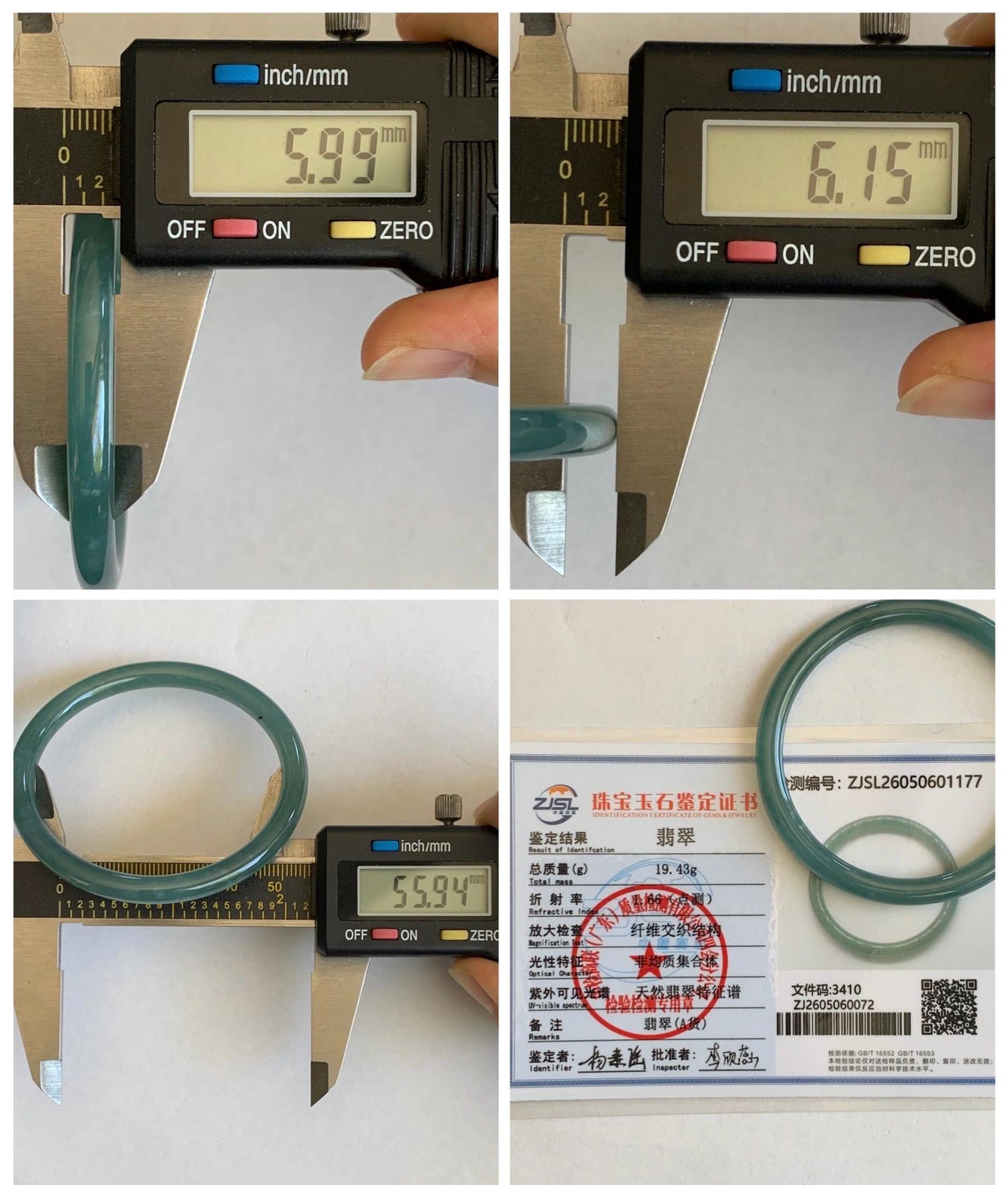 Certified Natural Grade A Guatemalan Icy Translucent Dusty Teal Blue Jade Jadeite Slim Bangle 55.94mm 6.92” 19.4g 天然冰胶危蓝绿翡翠细圆条手镯 1177