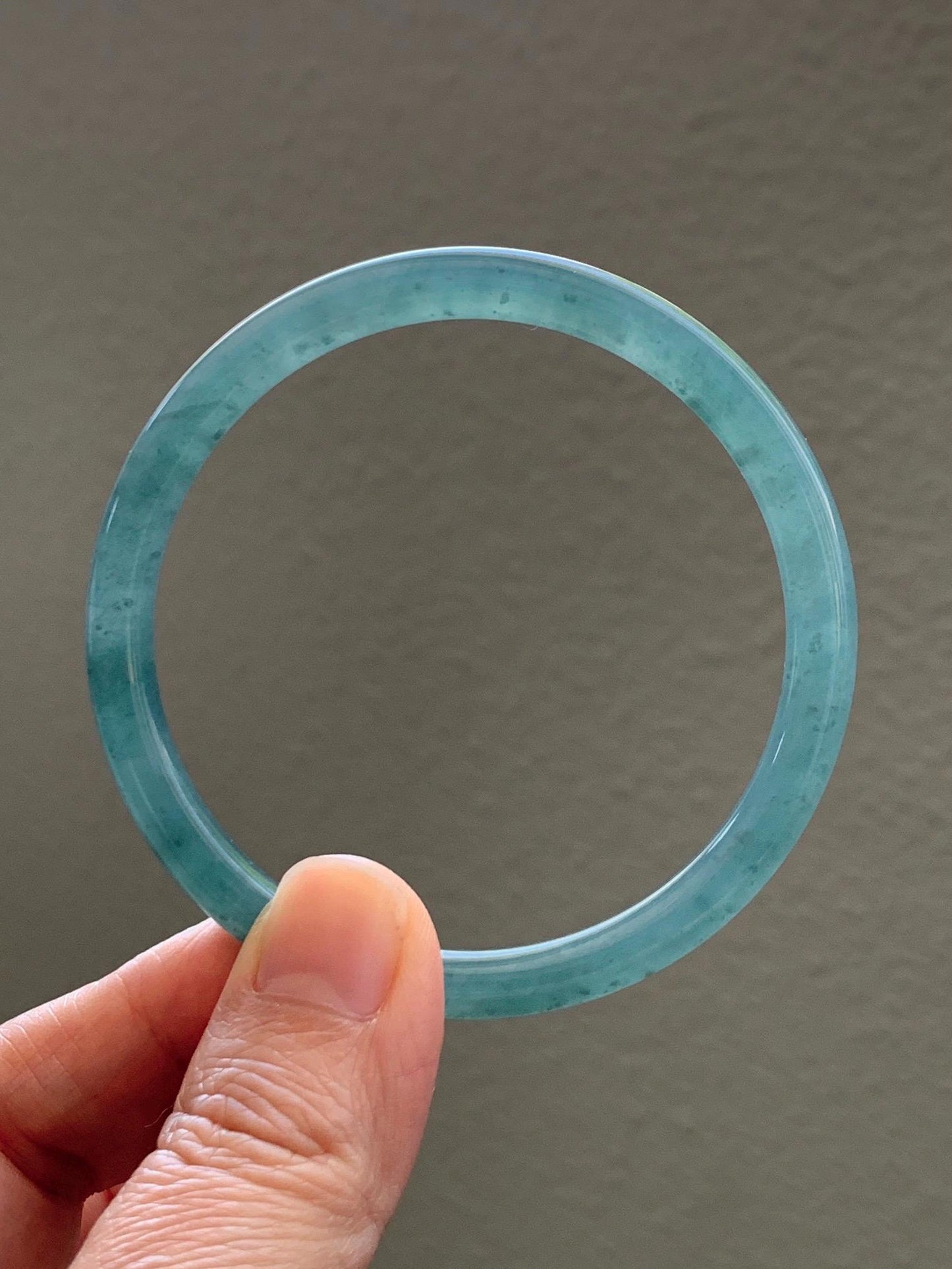 Certified Natural Grade A Guatemalan Icy Translucent Dusty Teal Blue Jade Jadeite Slim Bangle 55.94mm 6.92” 19.4g 天然冰胶危蓝绿翡翠细圆条手镯 1177