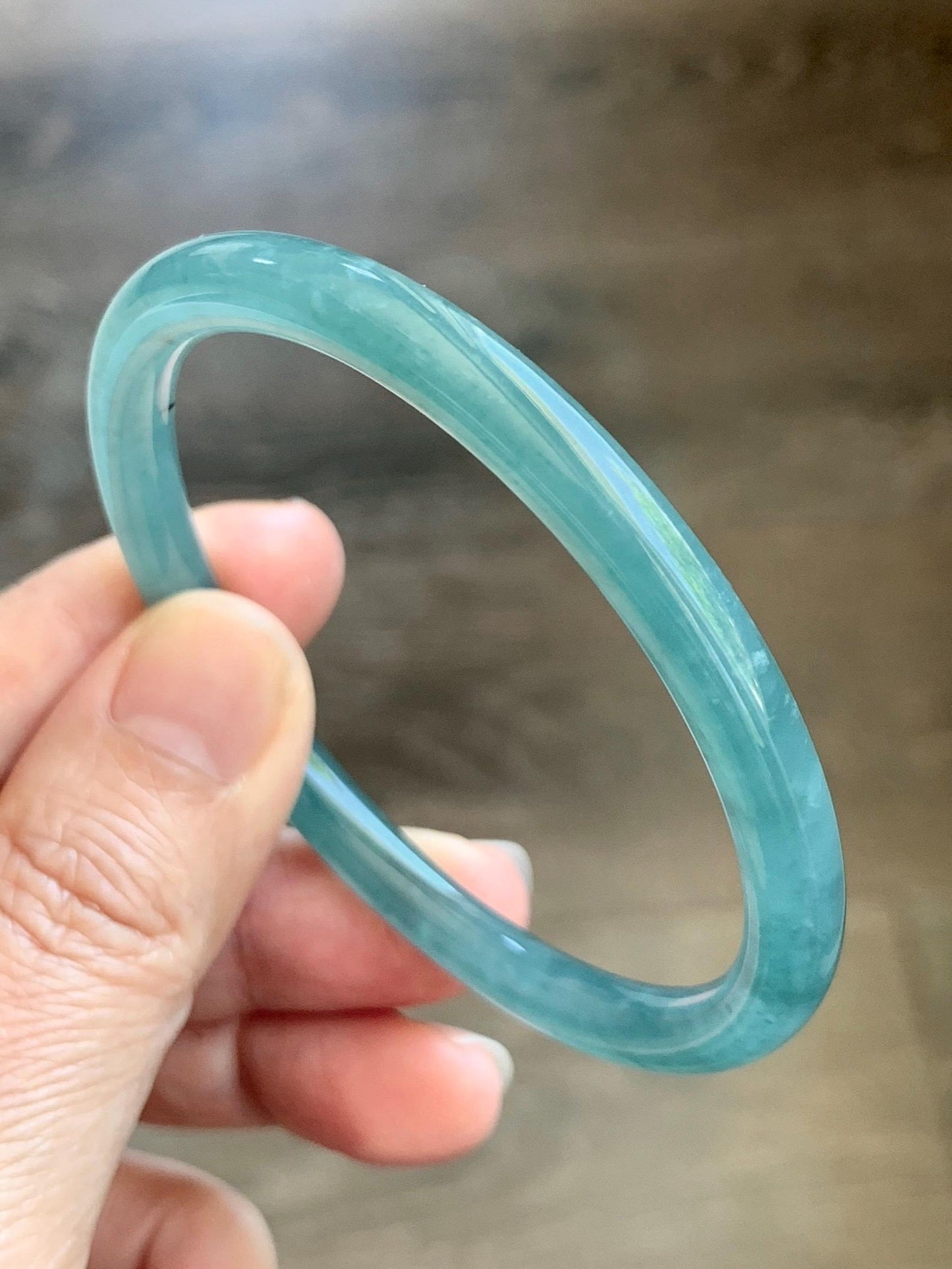 Certified Natural Grade A Guatemalan Icy Translucent Dusty Teal Blue Jade Jadeite Slim Bangle 55.94mm 6.92” 19.4g 天然冰胶危蓝绿翡翠细圆条手镯 1177