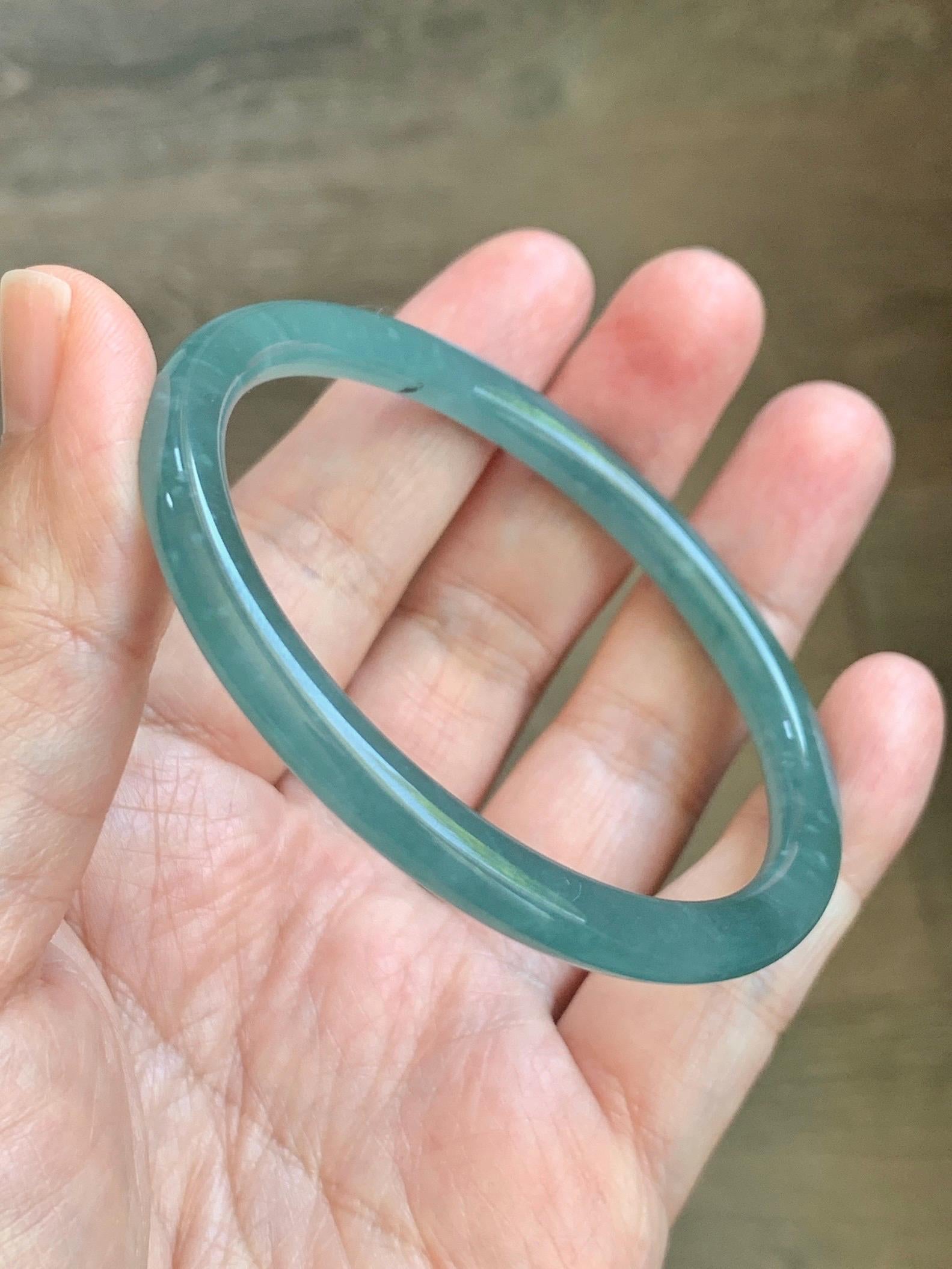 Certified Natural Grade A Guatemalan Icy Translucent Dusty Teal Blue Jade Jadeite Slim Bangle 55.94mm 6.92” 19.4g 天然冰胶危蓝绿翡翠细圆条手镯 1177