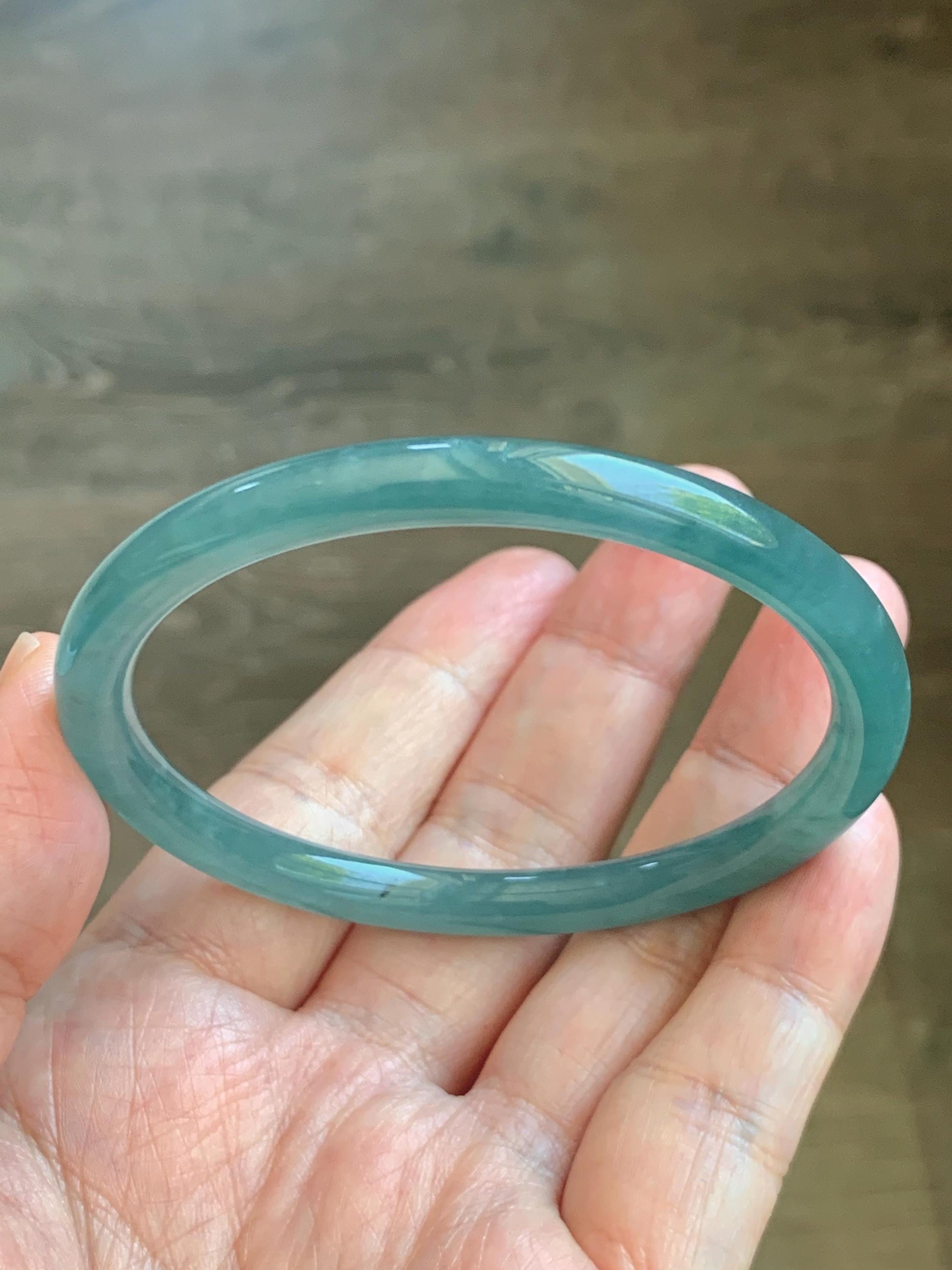 Certified Natural Grade A Guatemalan Icy Translucent Dusty Teal Blue Jade Jadeite Slim Bangle 55.94mm 6.92” 19.4g 天然冰胶危蓝绿翡翠细圆条手镯 1177