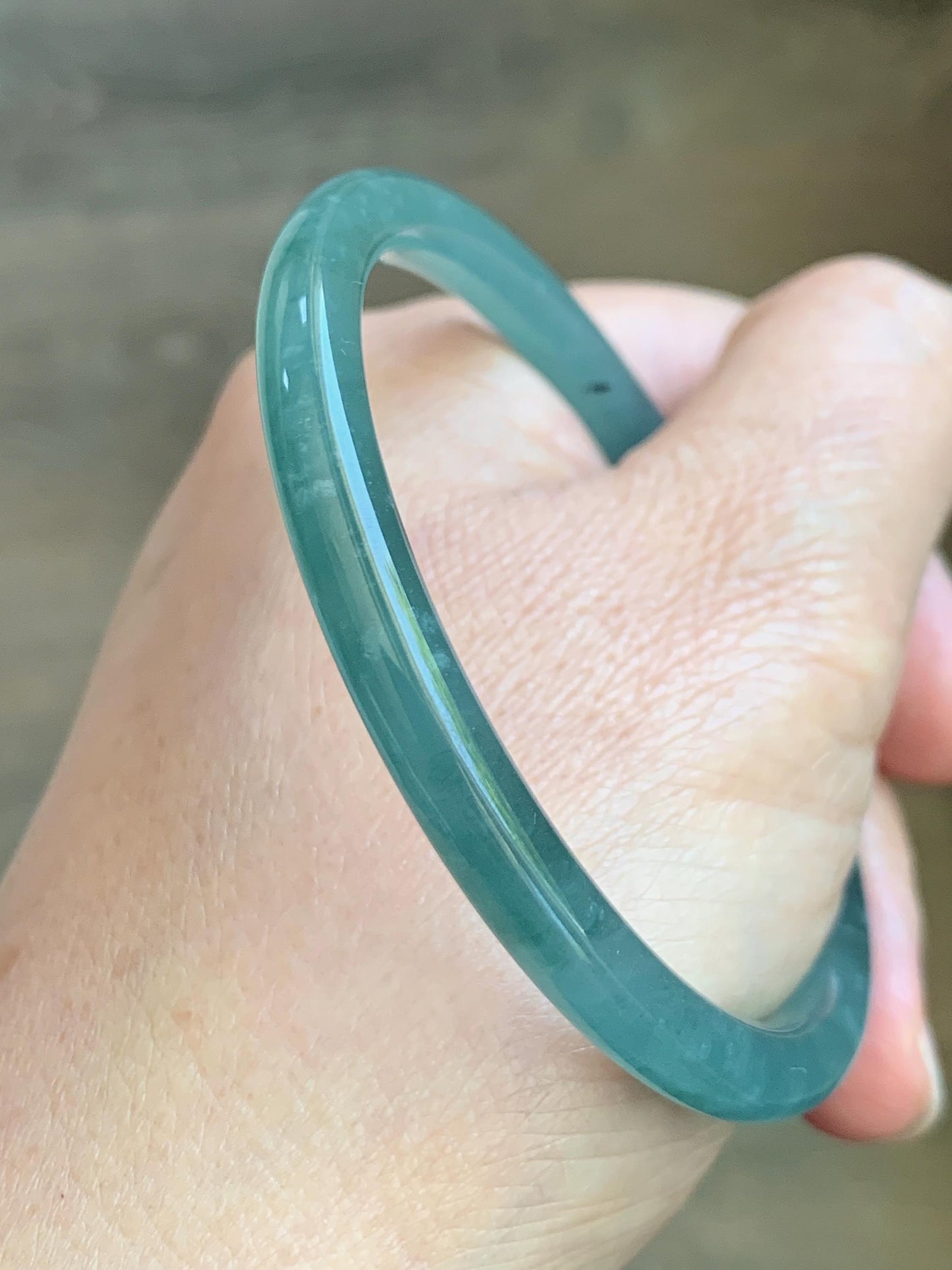 Certified Natural Grade A Guatemalan Icy Translucent Dusty Teal Blue Jade Jadeite Slim Bangle 55.94mm 6.92” 19.4g 天然冰胶危蓝绿翡翠细圆条手镯 1177