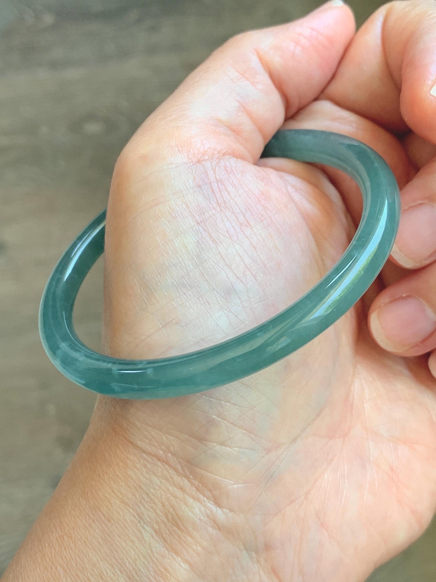Certified Natural Grade A Guatemalan Icy Translucent Dusty Teal Blue Jade Jadeite Slim Bangle 55.94mm 6.92” 19.4g 天然冰胶危蓝绿翡翠细圆条手镯 1177