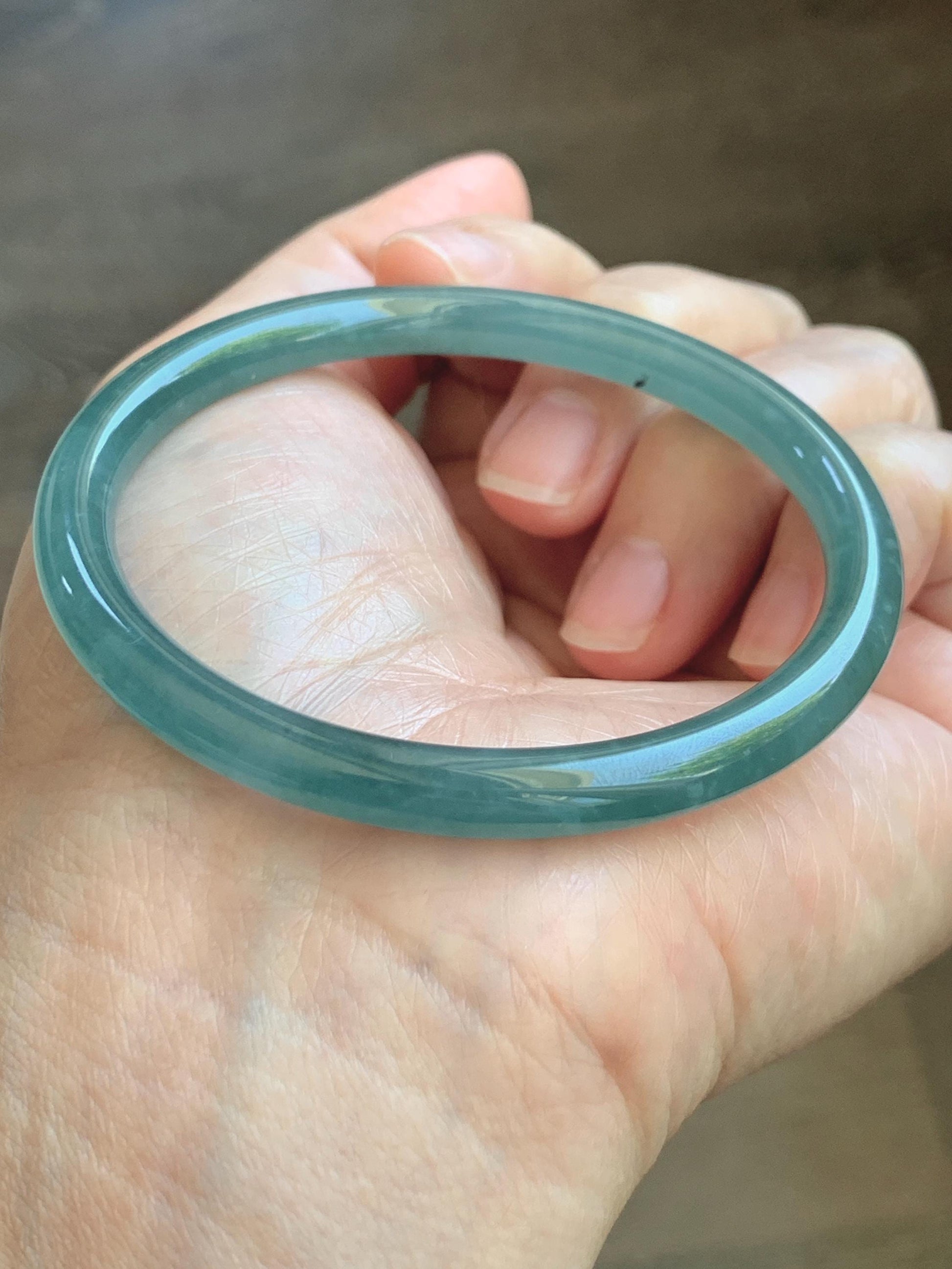 Certified Natural Grade A Guatemalan Icy Translucent Dusty Teal Blue Jade Jadeite Slim Bangle 55.94mm 6.92” 19.4g 天然冰胶危蓝绿翡翠细圆条手镯 1177