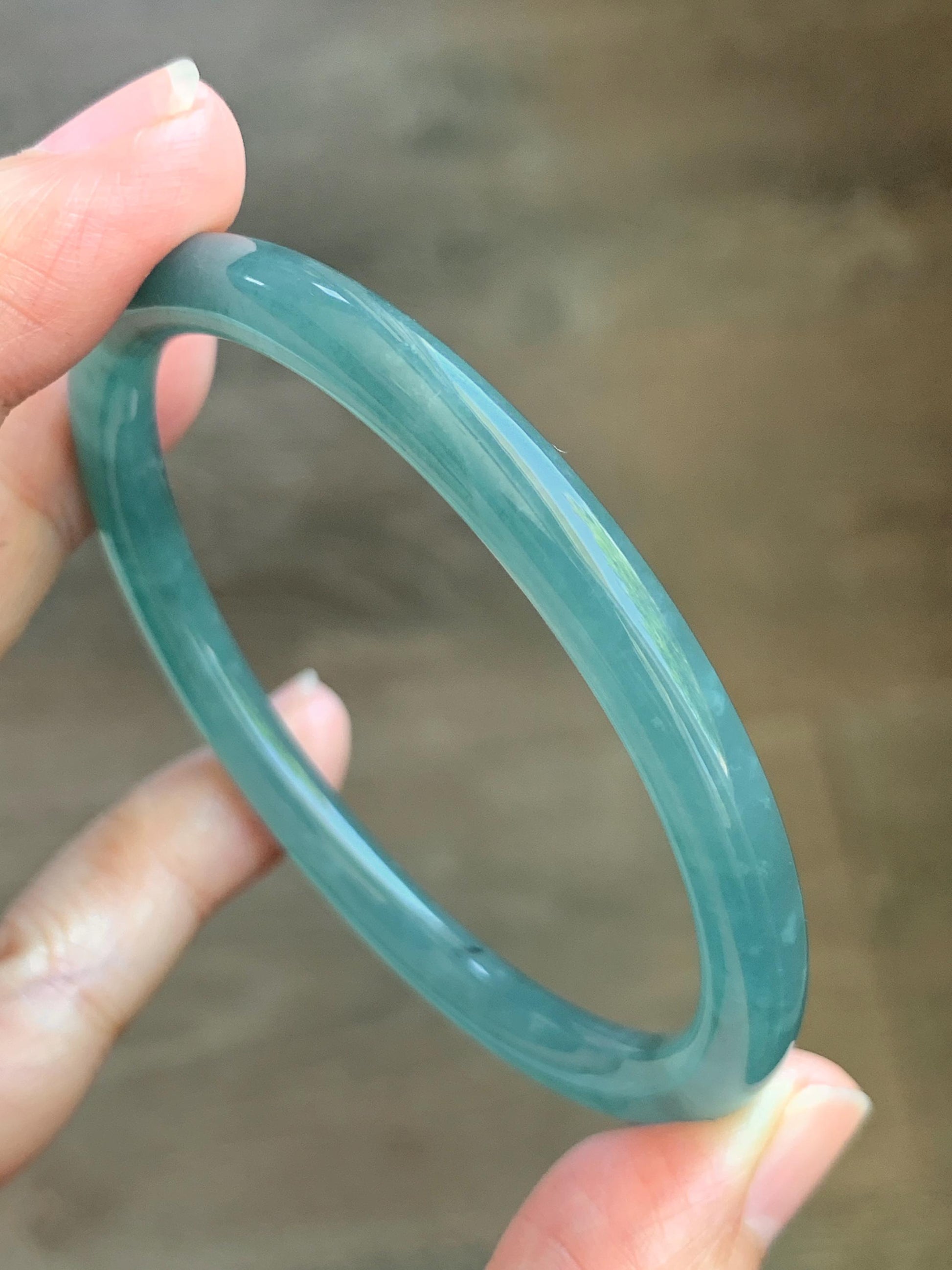 Certified Natural Grade A Guatemalan Icy Translucent Dusty Teal Blue Jade Jadeite Slim Bangle 55.94mm 6.92” 19.4g 天然冰胶危蓝绿翡翠细圆条手镯 1177