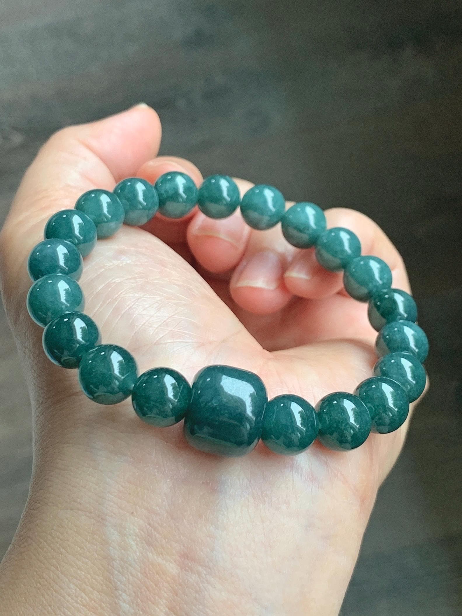 Natural Grade A Guatemalan Translucent Dark Teal Jade Jadeite Beaded Bracelet Stretchy 9.7mm 7.75” 36g 天然危糯种深蓝绿翡翠圆珠手串 WSHL150