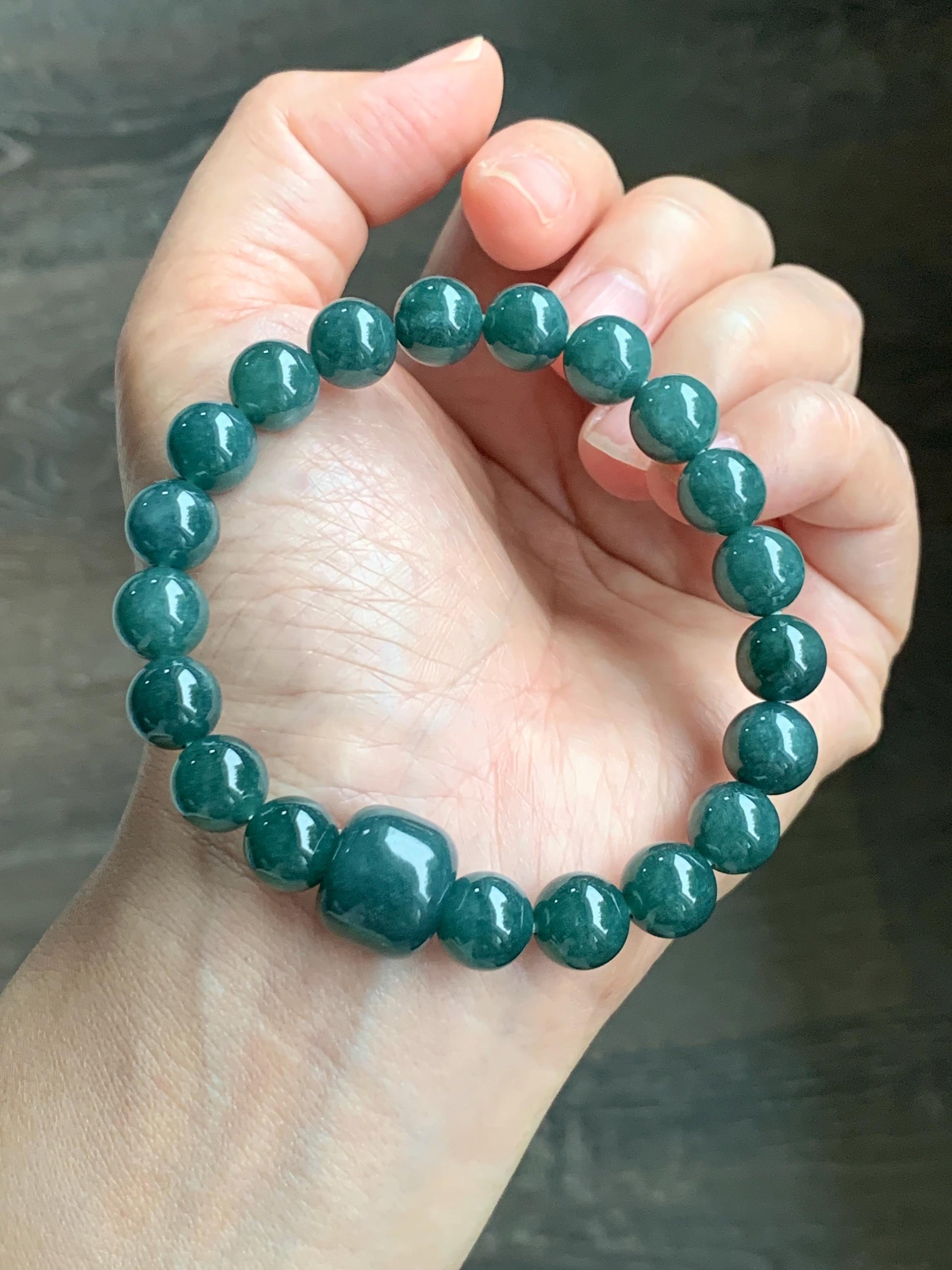 Natural Grade A Guatemalan Translucent Dark Teal Jade Jadeite Beaded Bracelet Stretchy 9.7mm 7.75” 36g 天然危糯种深蓝绿翡翠圆珠手串 WSHL150