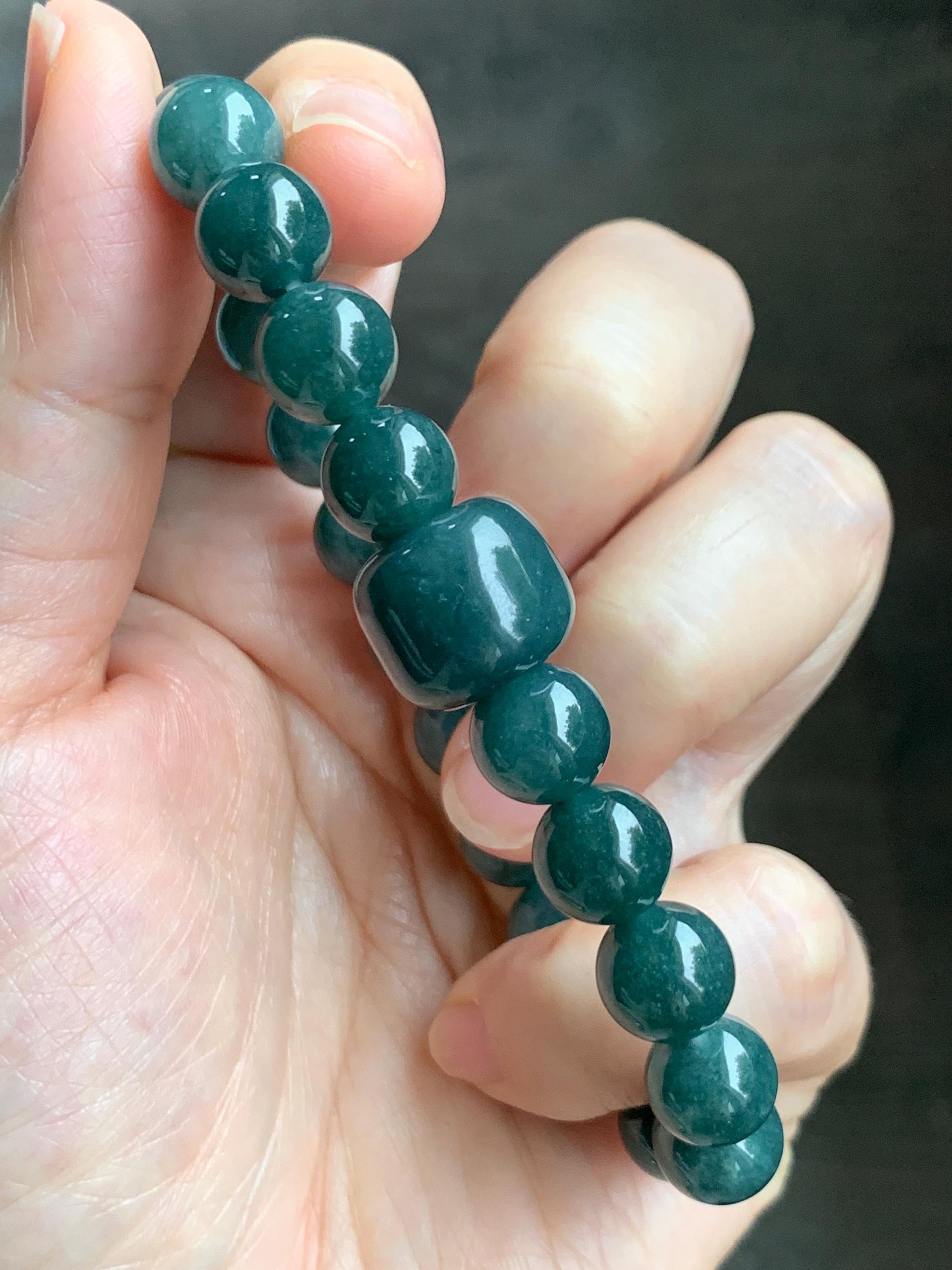 Natural Grade A Guatemalan Translucent Dark Teal Jade Jadeite Beaded Bracelet Stretchy 9.7mm 7.75” 36g 天然危糯种深蓝绿翡翠圆珠手串 WSHL150