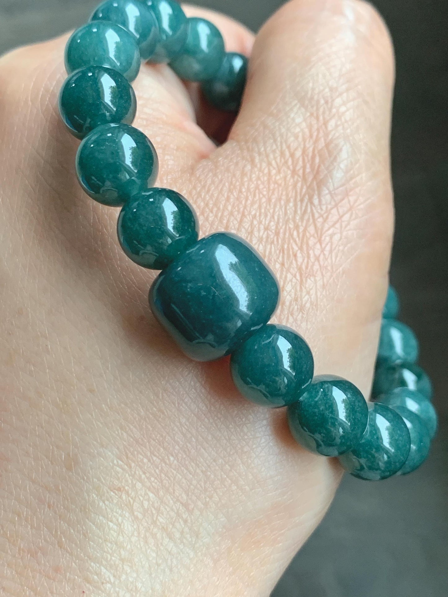Natural Grade A Guatemalan Translucent Dark Teal Jade Jadeite Beaded Bracelet Stretchy 9.7mm 7.75” 36g 天然危糯种深蓝绿翡翠圆珠手串 WSHL150